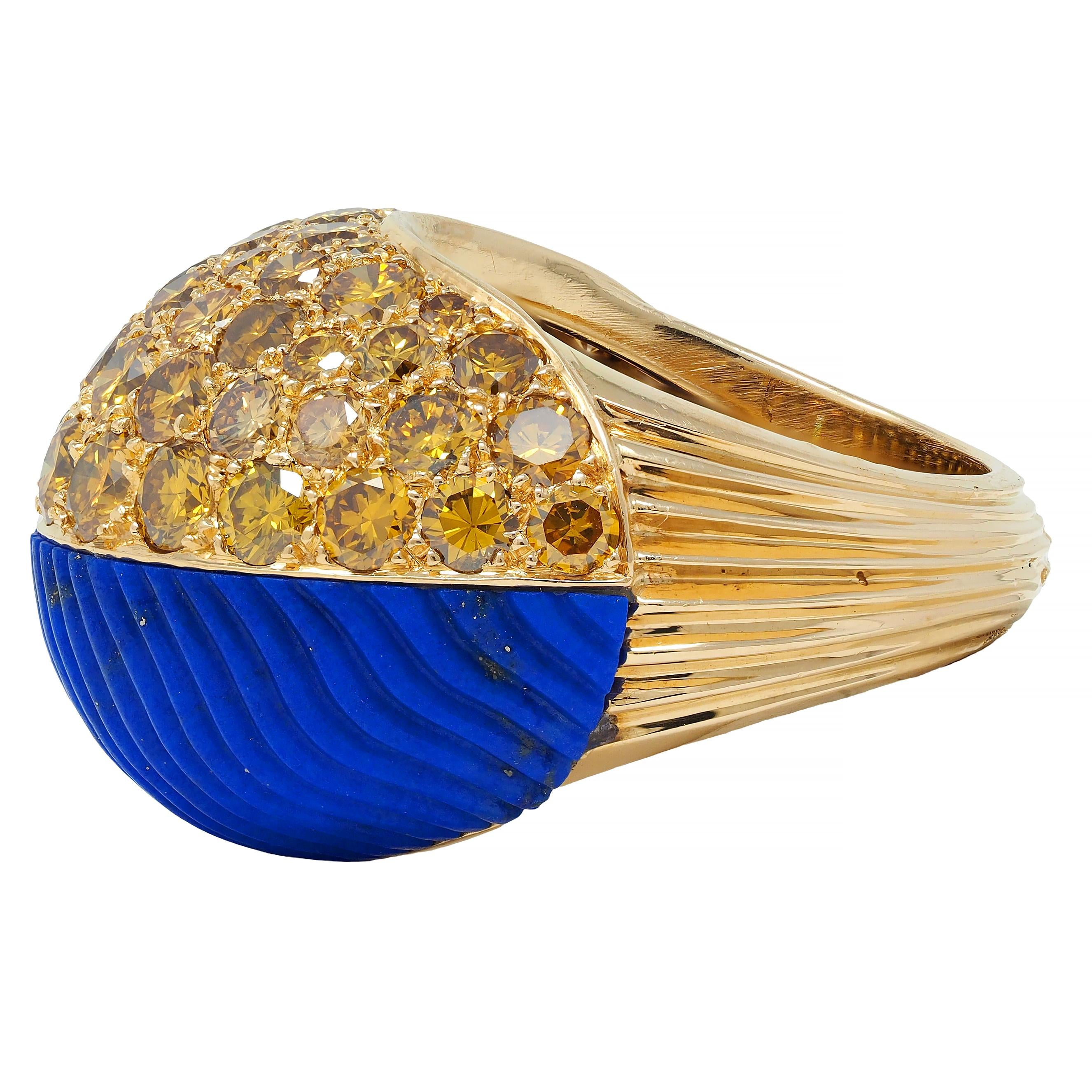 Cartier Paris 1960's 4.62 CTW Yellow Diamond Lapis 18K Gold Vintage Boule Ring