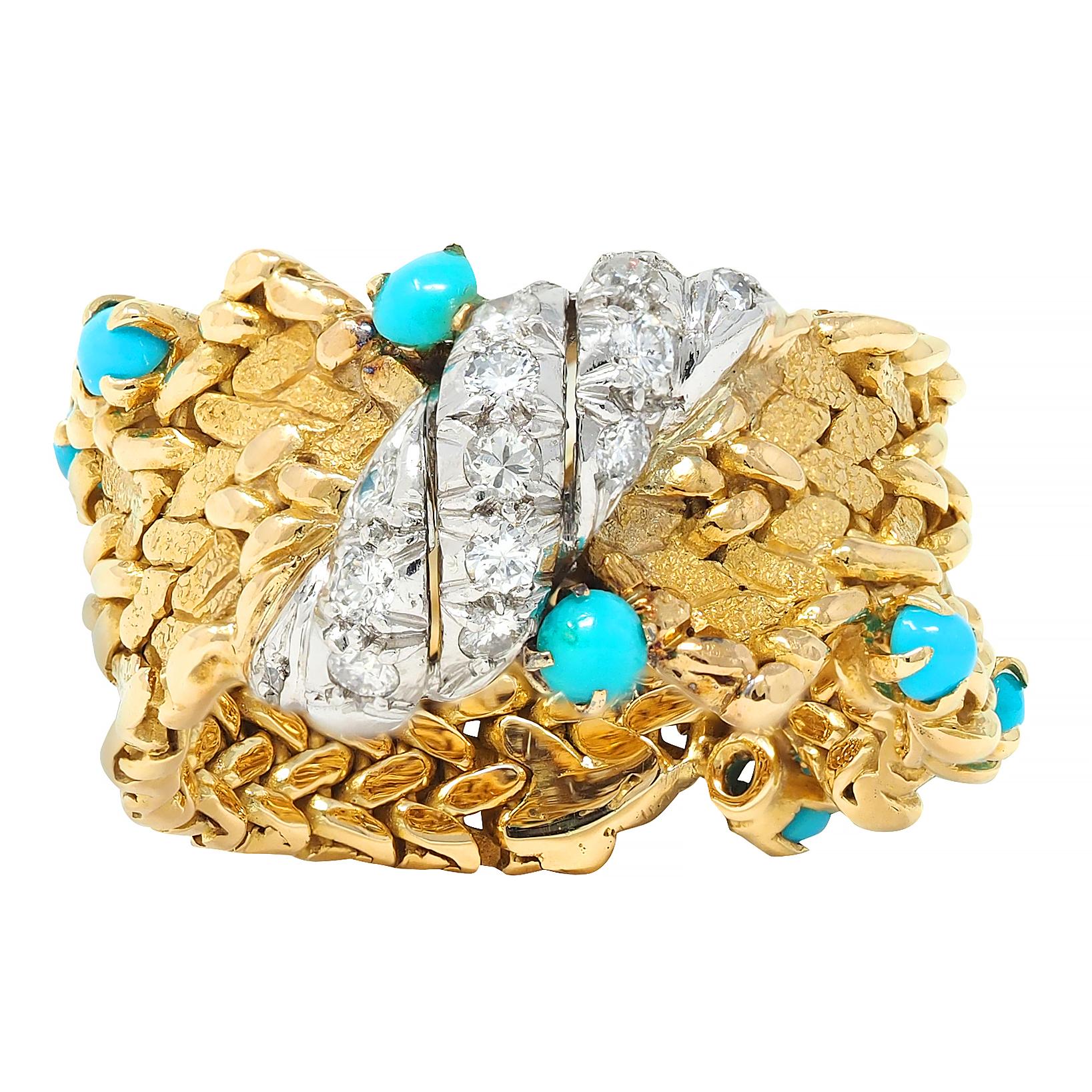 1960's Diamond Turquoise 18K Gold Platinum Vintage Woven Band Ring