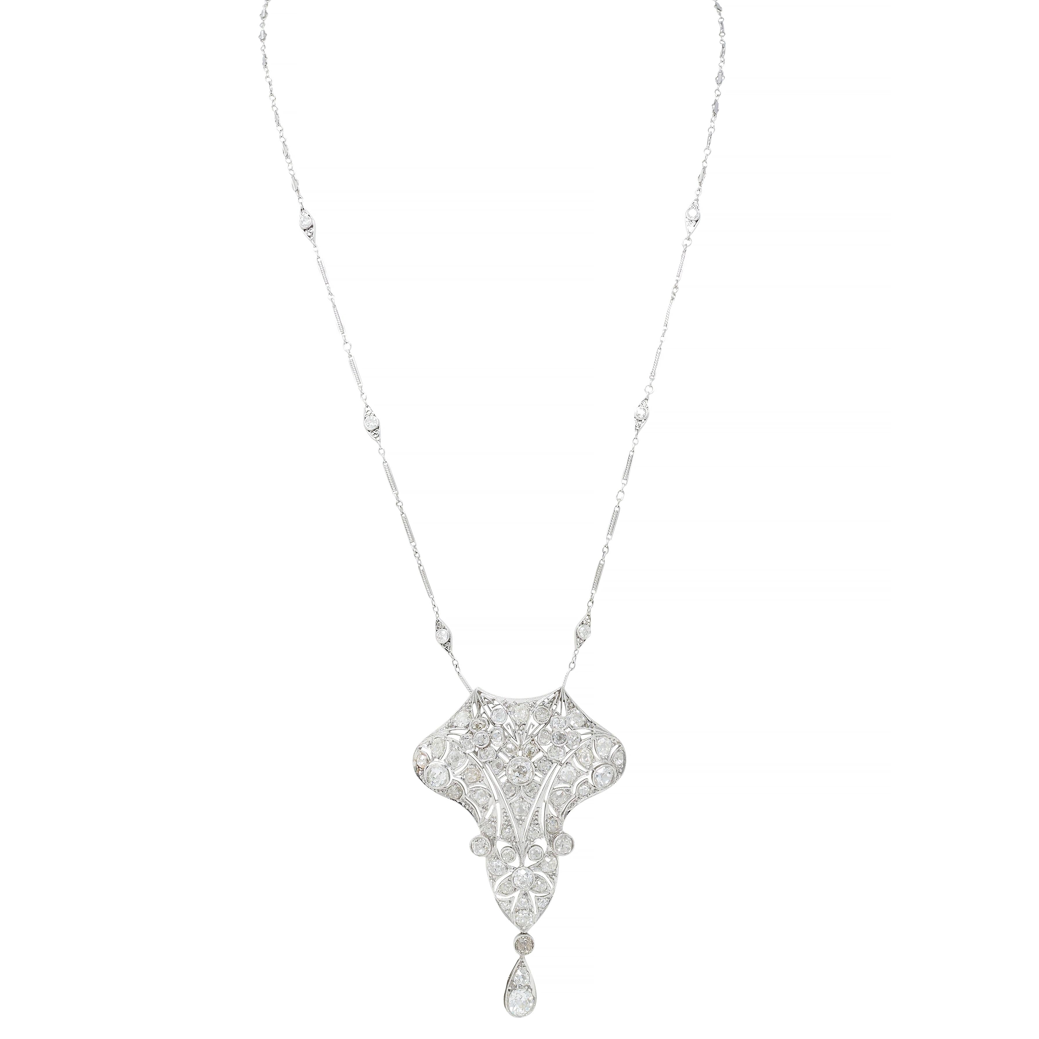 Art Deco 6.40 CTW Diamond Platinum Vintage Floral Lavalier Pendant Necklace