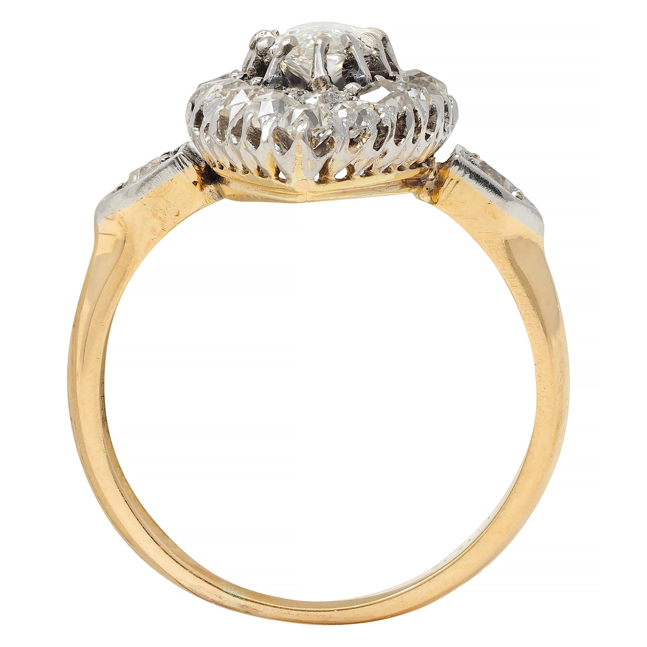 French Edwardian 1.84 CTW Diamond Platinum 18K Gold Antique Navette Ring GIA