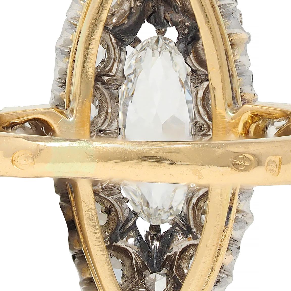 French Edwardian 1.84 CTW Diamond Platinum 18K Gold Antique Navette Ring GIA