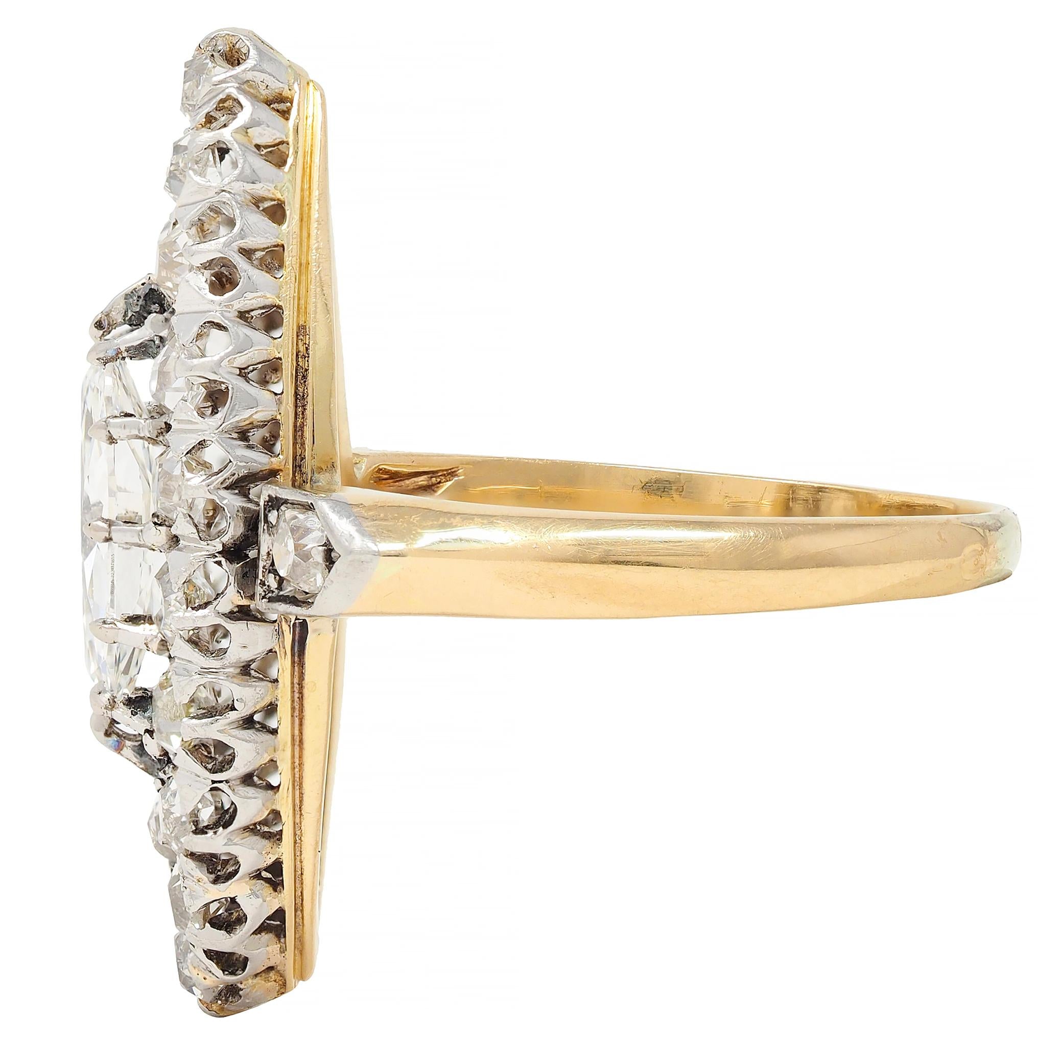 French Edwardian 1.84 CTW Diamond Platinum 18K Gold Antique Navette Ring GIA