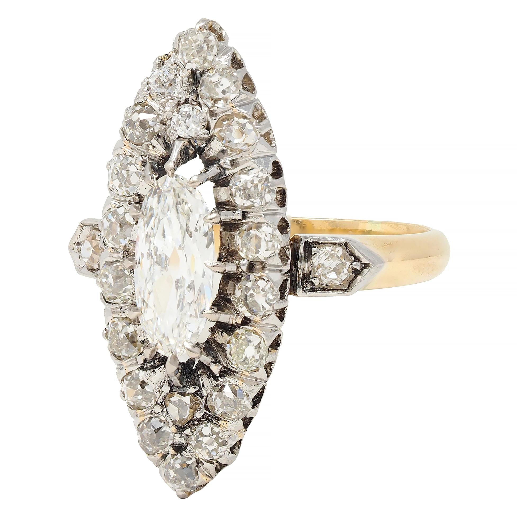 French Edwardian 1.84 CTW Diamond Platinum 18K Gold Antique Navette Ring GIA