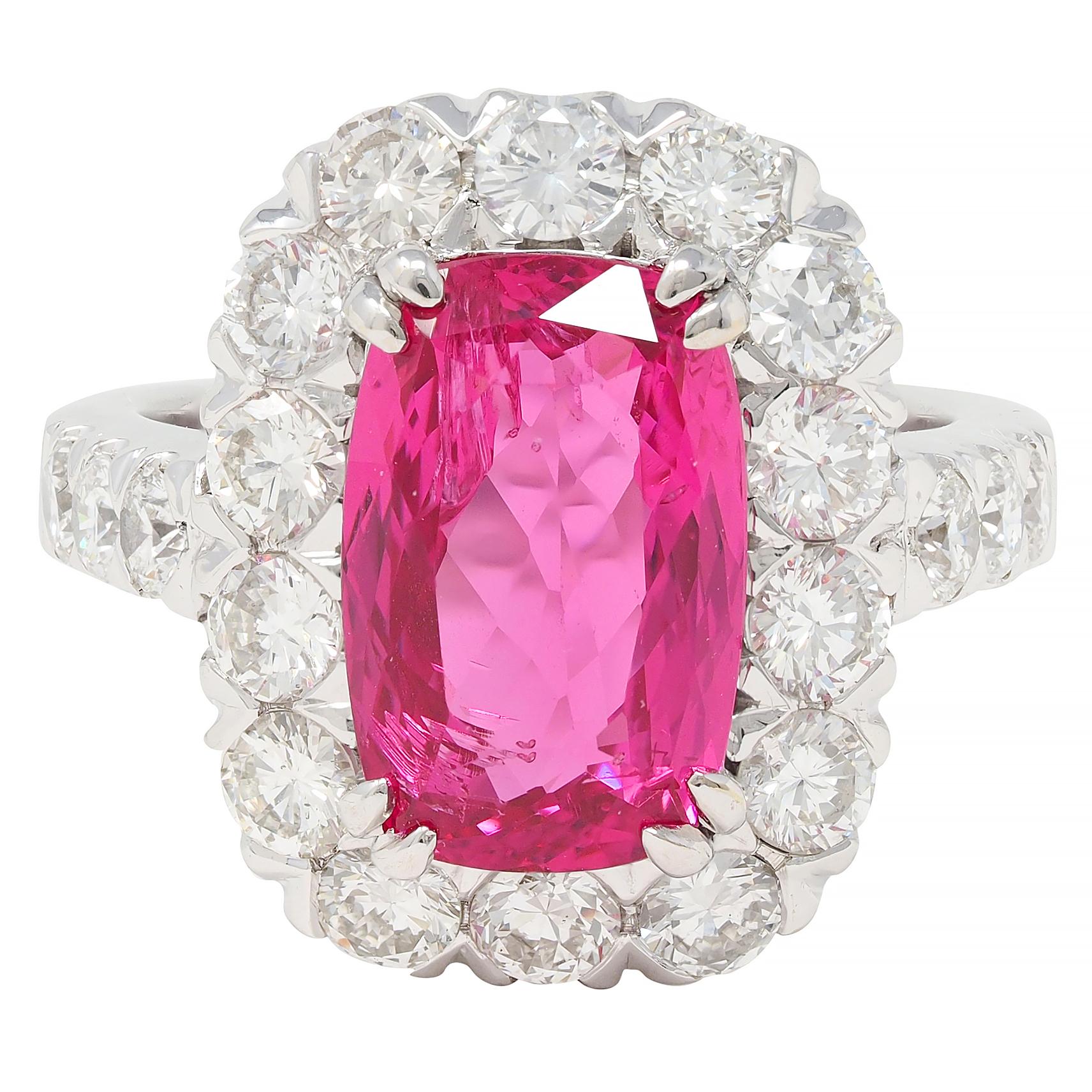 Contemporary 6.67 CTW No Heat Pink Spinel Diamond 18 Karat White Gold Halo Ring