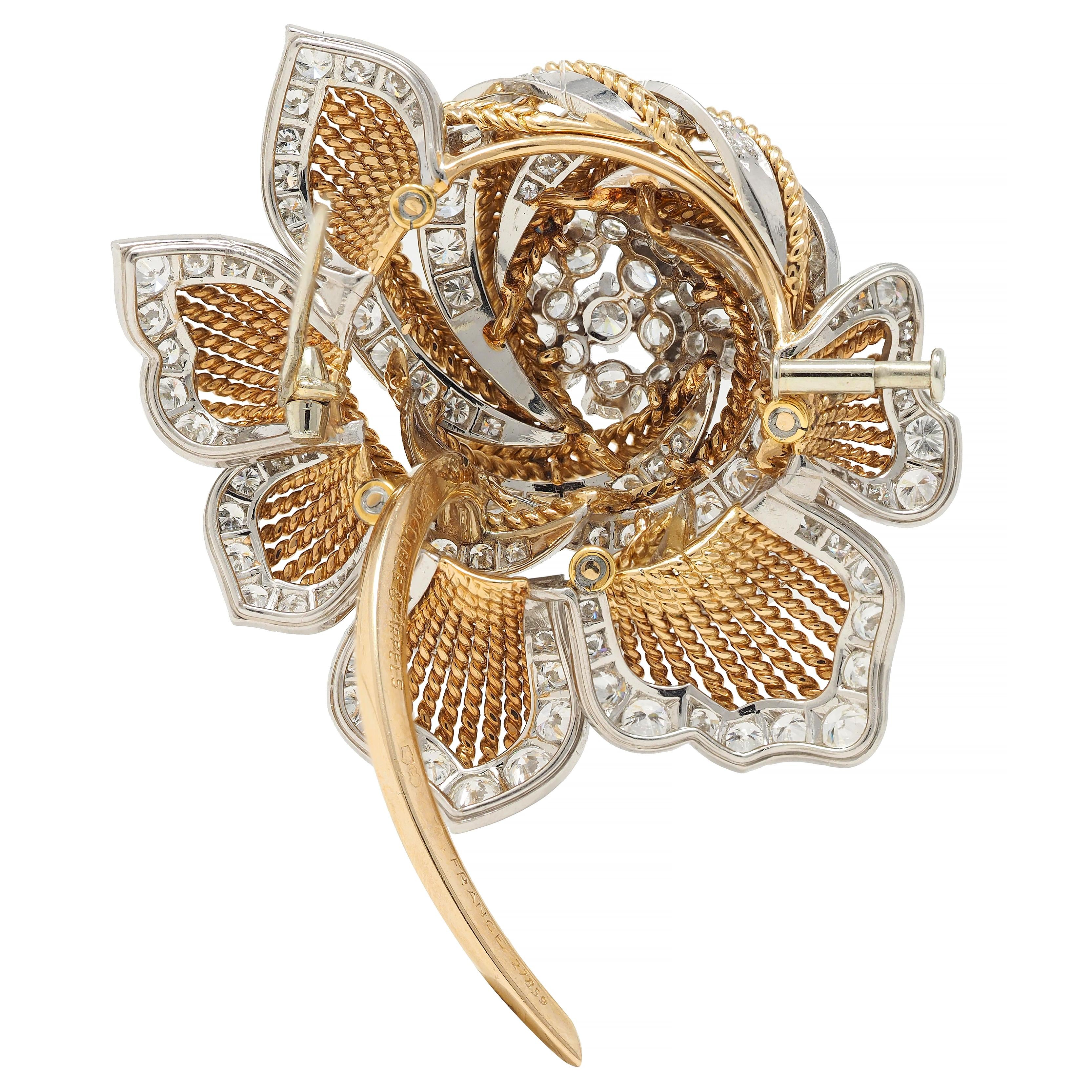 Van Cleef & Arpels Paris 11.75 CTW Diamond Platinum 18K Gold Vintage Rose Brooch