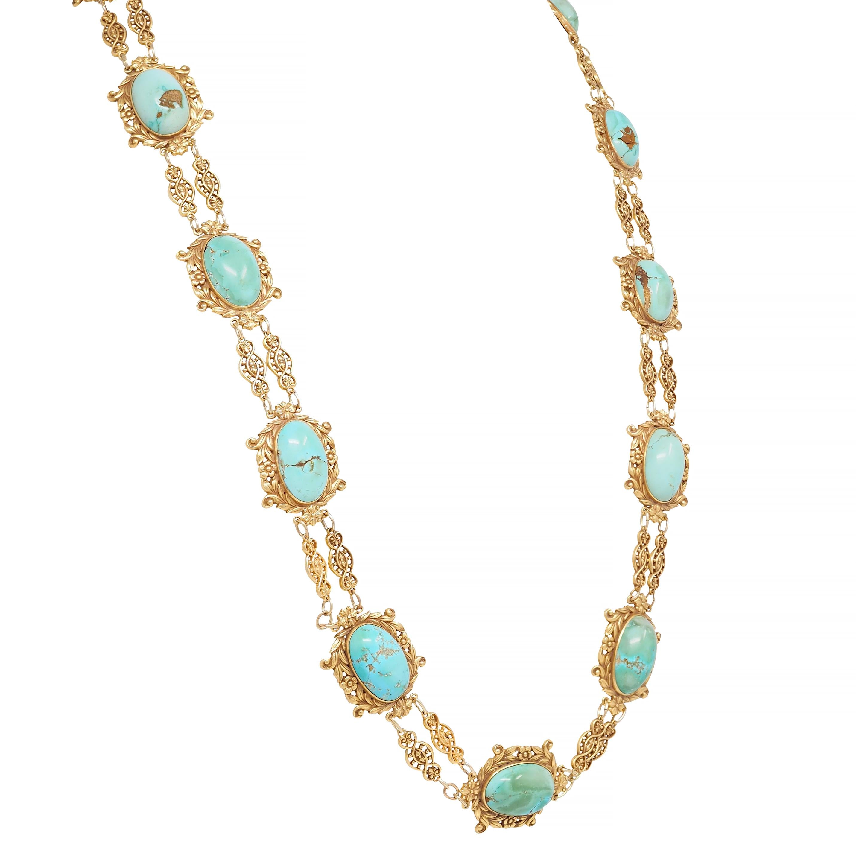 Tiffany & Co. Victorian Turquoise 18 Karat Yellow Gold Antique Floral Necklace