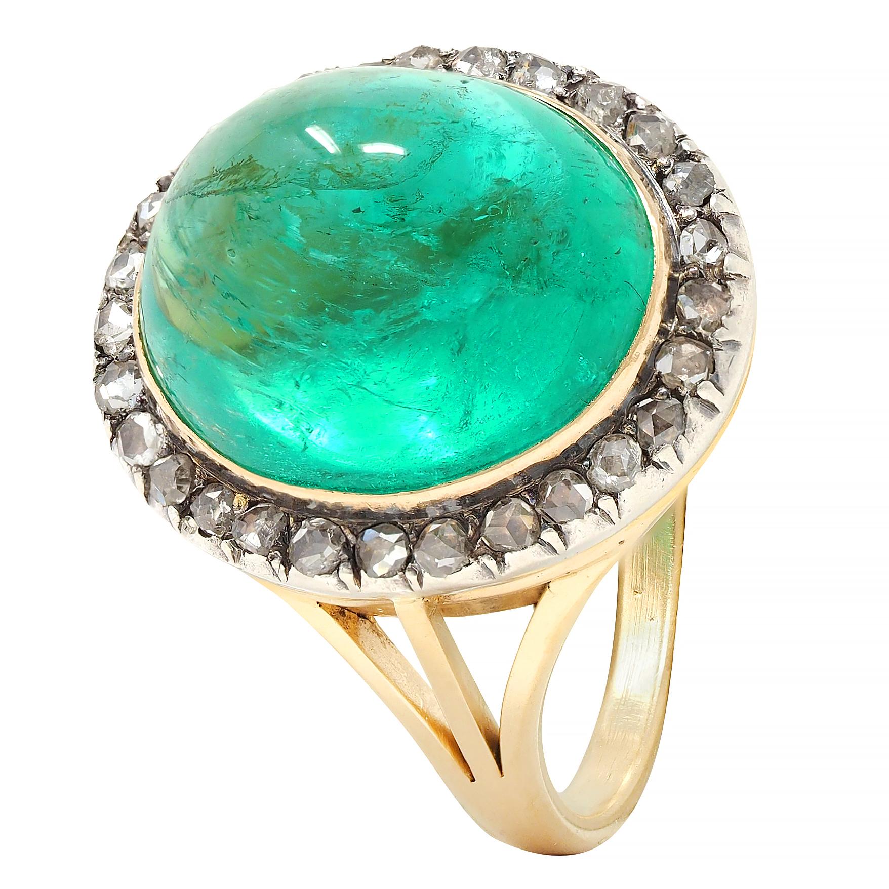 Victorian Colombian Emerald Cabochon Diamond Silver 18K Gold Antique Halo Ring