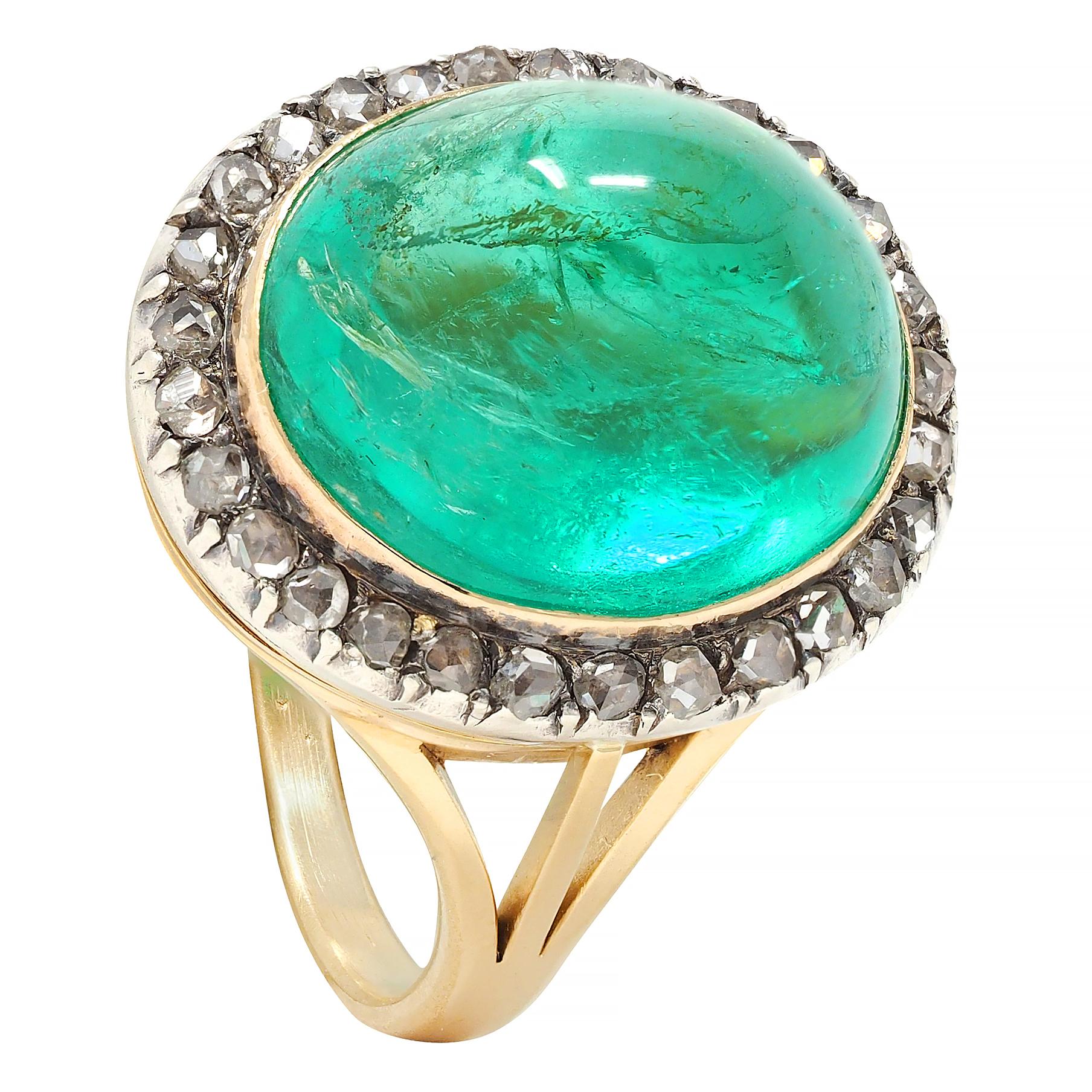 Victorian Colombian Emerald Cabochon Diamond Silver 18K Gold Antique Halo Ring