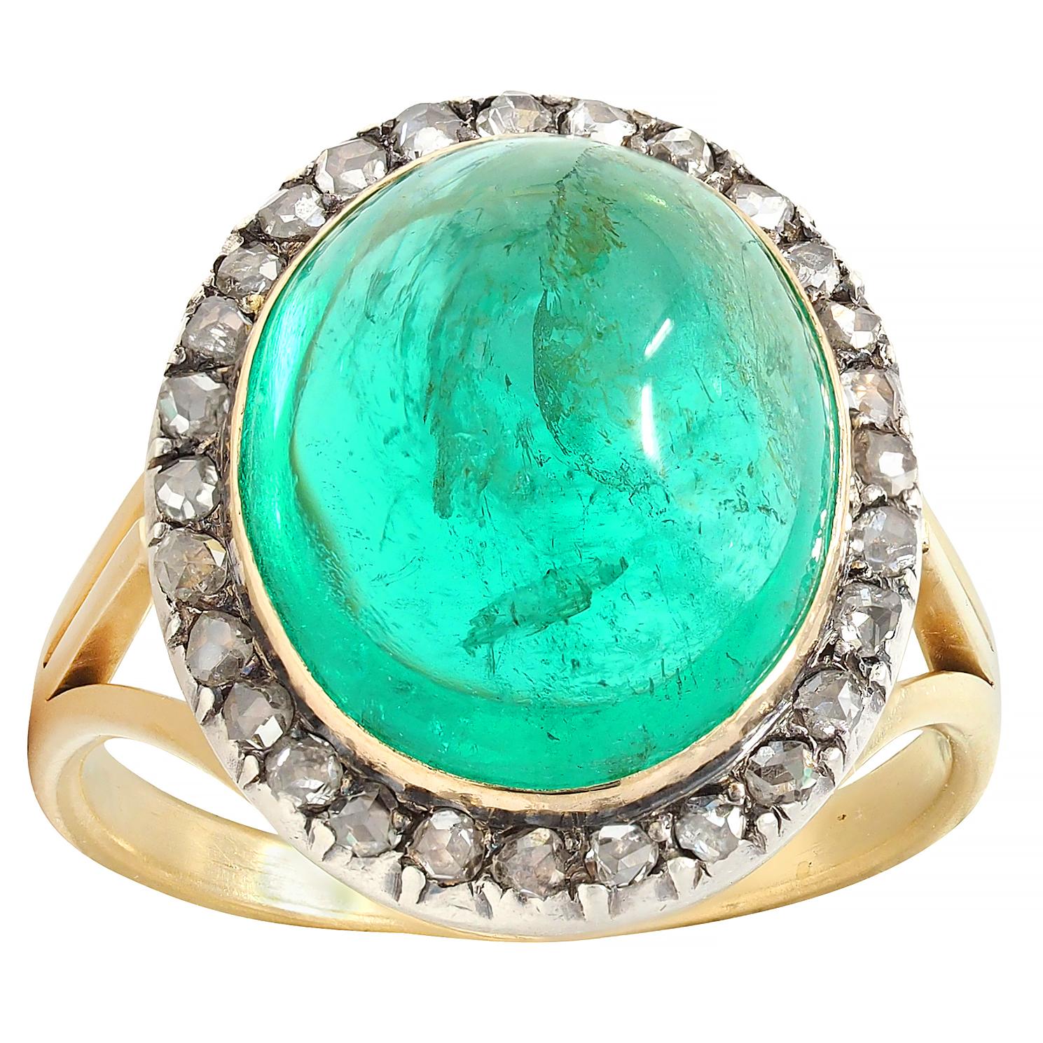 Victorian Colombian Emerald Cabochon Diamond Silver 18K Gold Antique Halo Ring