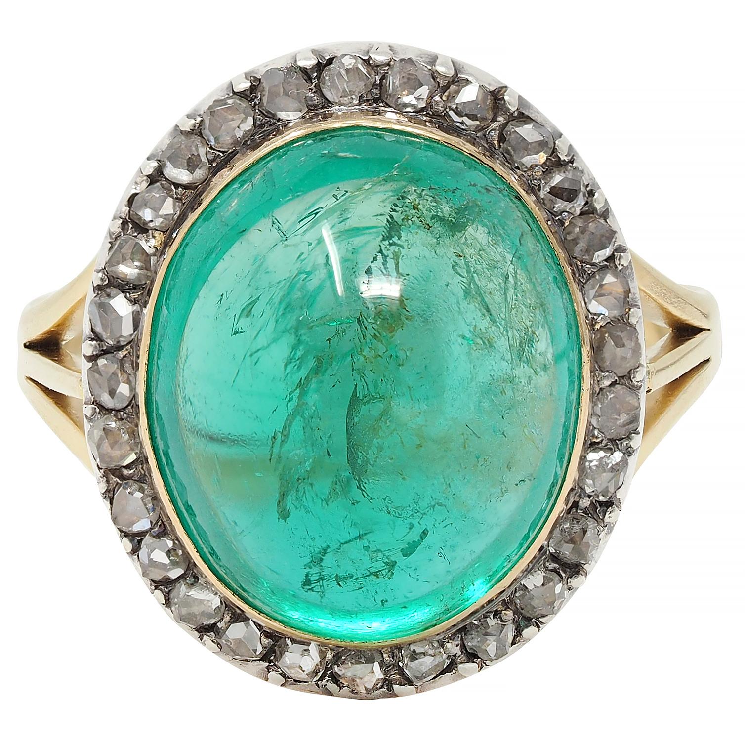 Victorian Colombian Emerald Cabochon Diamond Silver 18K Gold Antique Halo Ring