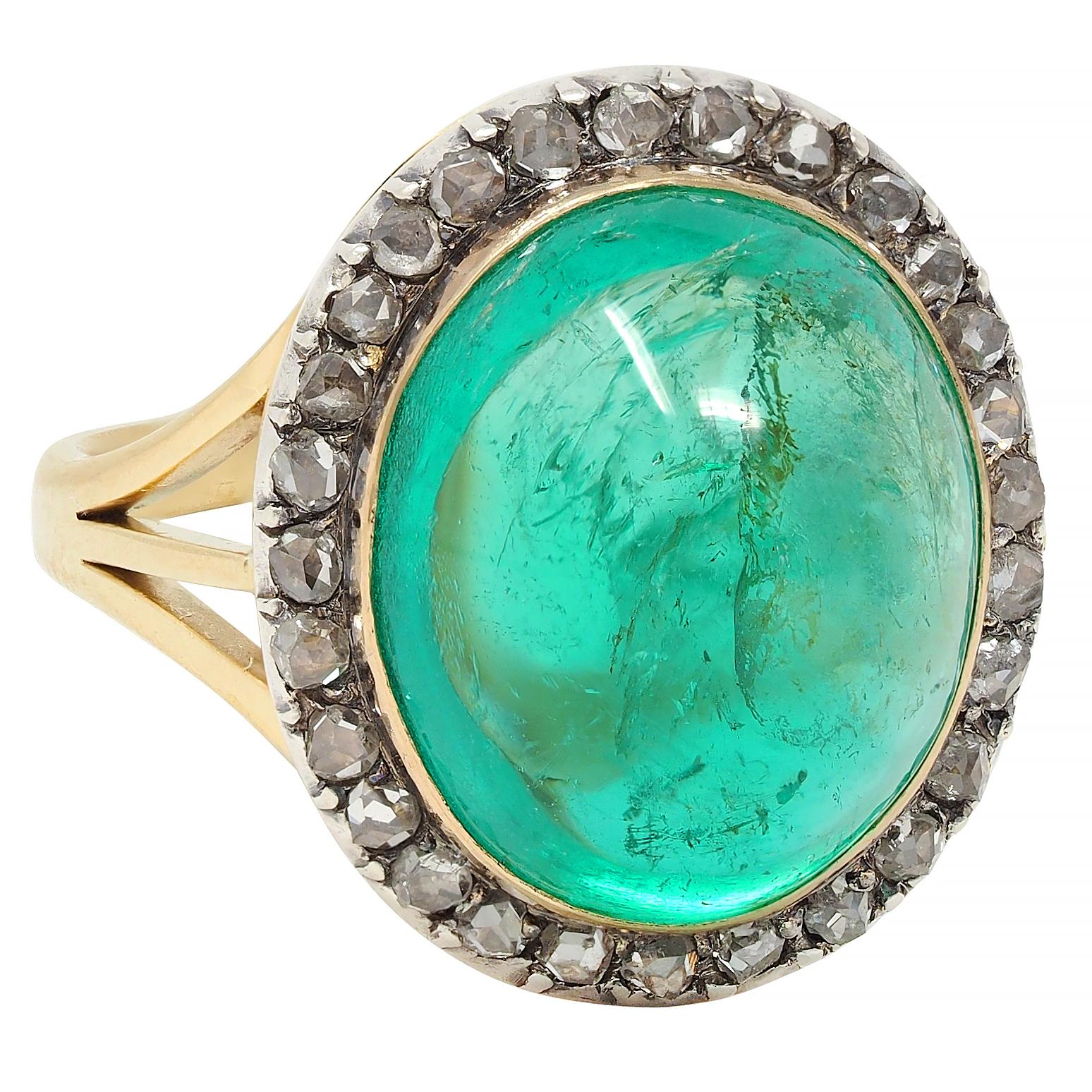 Victorian Colombian Emerald Cabochon Diamond Silver 18K Gold Antique Halo Ring