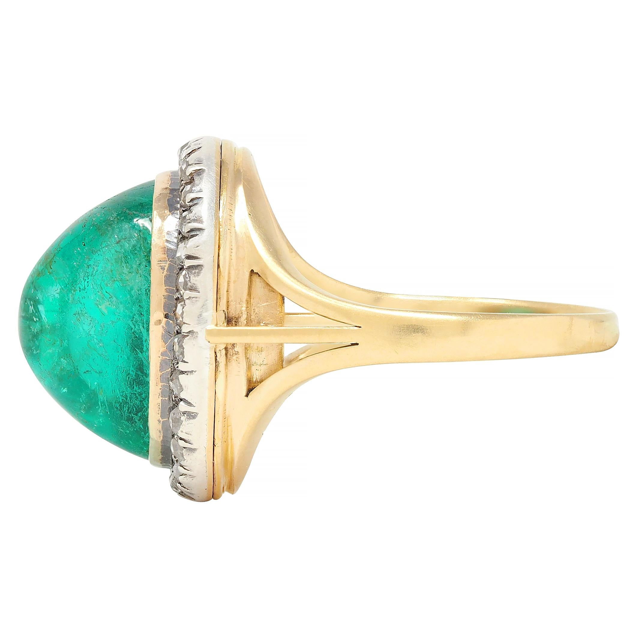 Victorian Colombian Emerald Cabochon Diamond Silver 18K Gold Antique Halo Ring