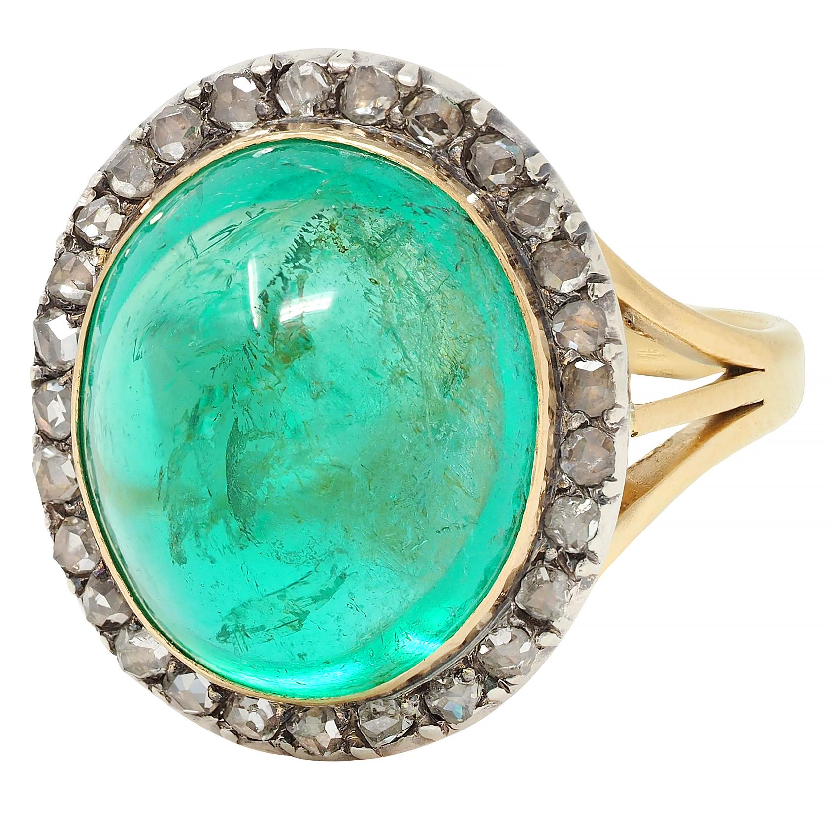 Victorian Colombian Emerald Cabochon Diamond Silver 18K Gold Antique Halo Ring