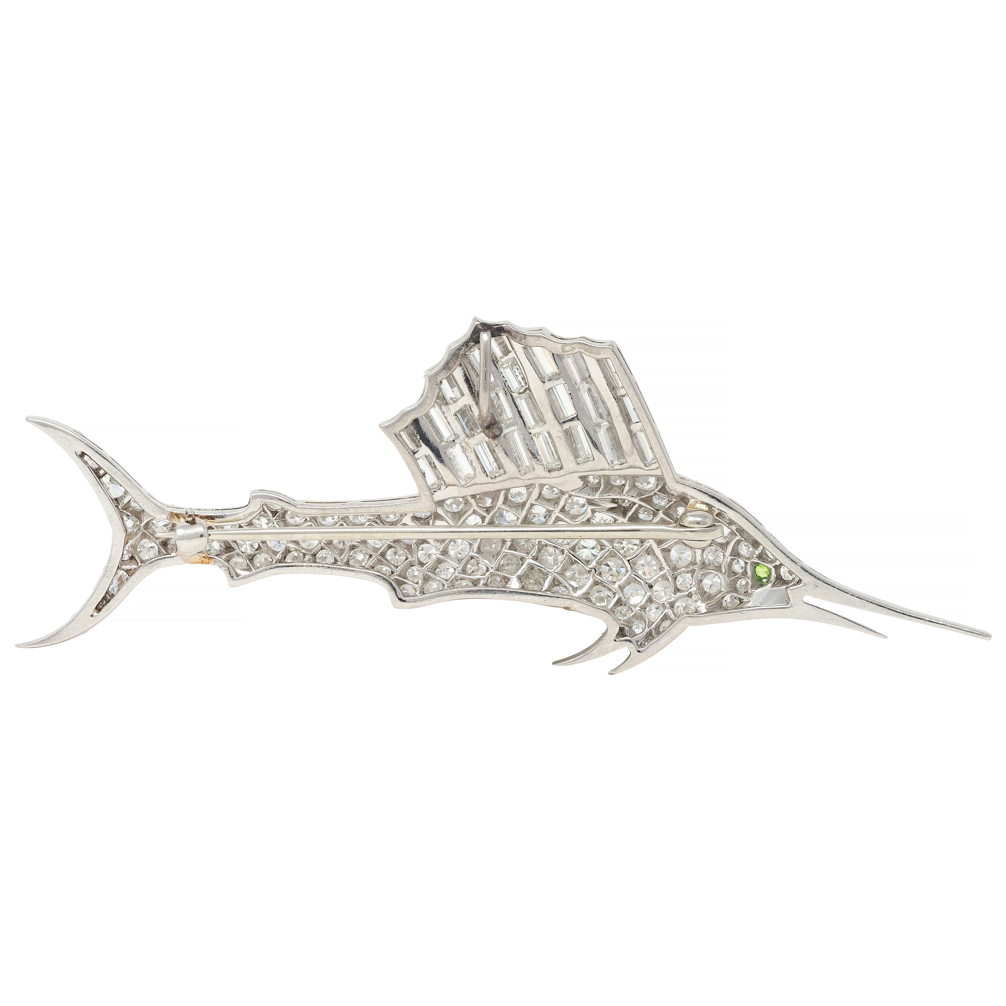 Art Deco 4.65 CTW Diamond Demantoid Garnet Platinum Vintage Swordfish Brooch