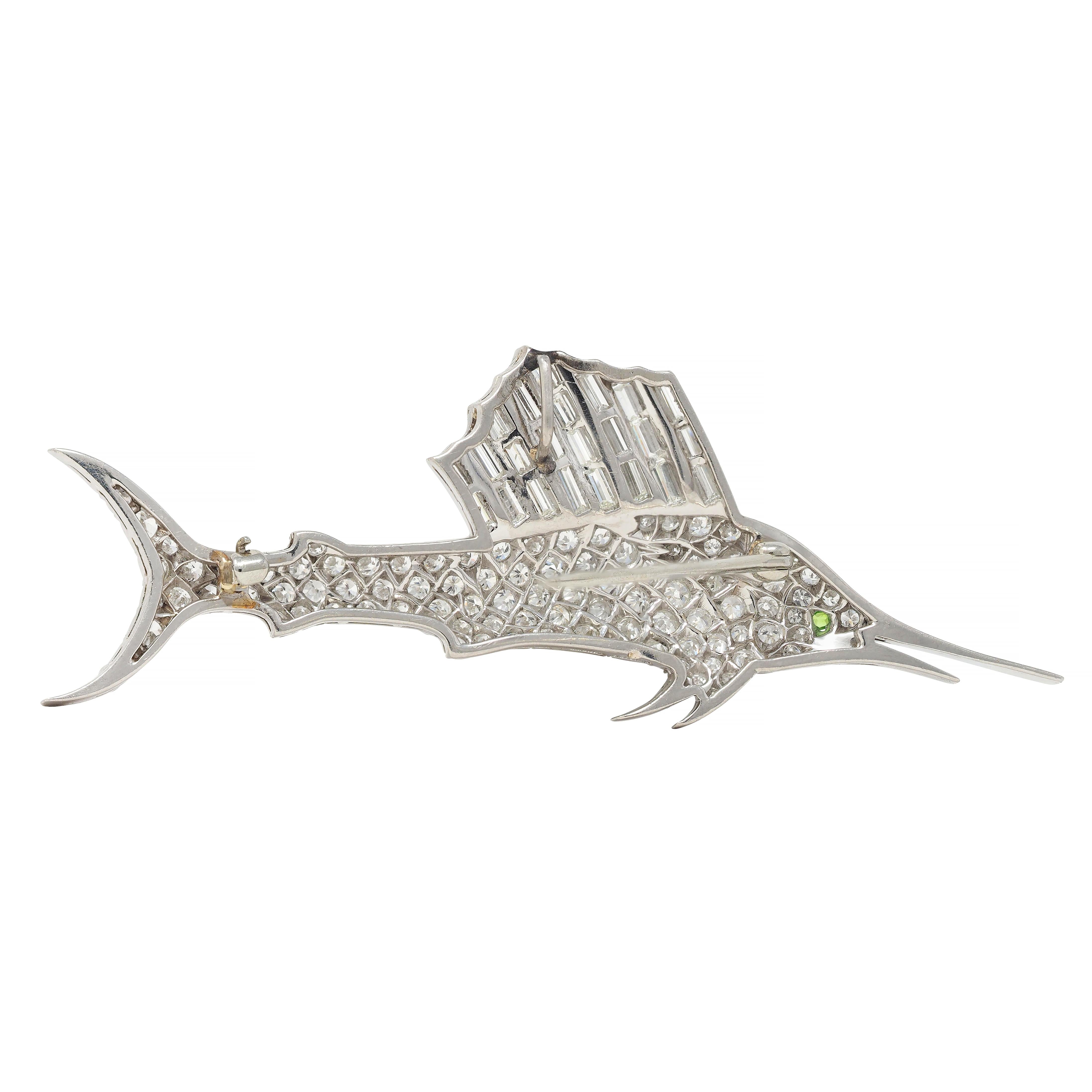 Art Deco 4.65 CTW Diamond Demantoid Garnet Platinum Vintage Swordfish Brooch