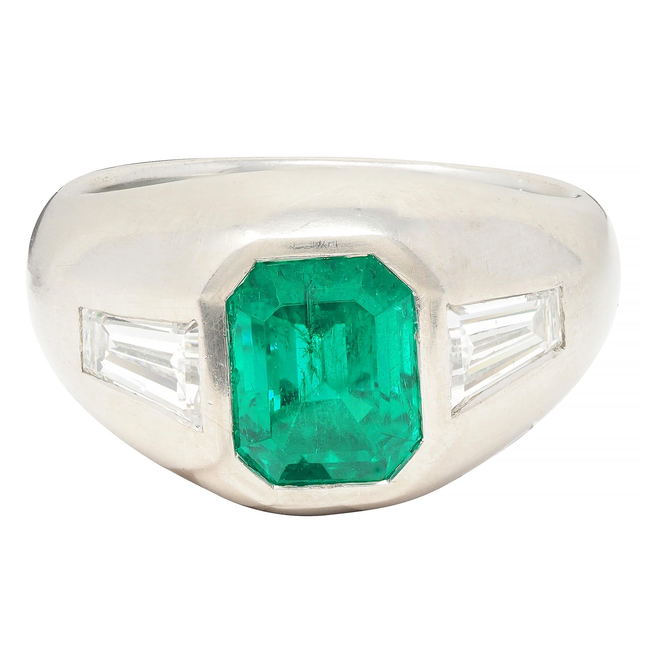 1960's 3.70 CTW Colombian Emerald Diamond Platinum Vintage Three Stone Ring AGL