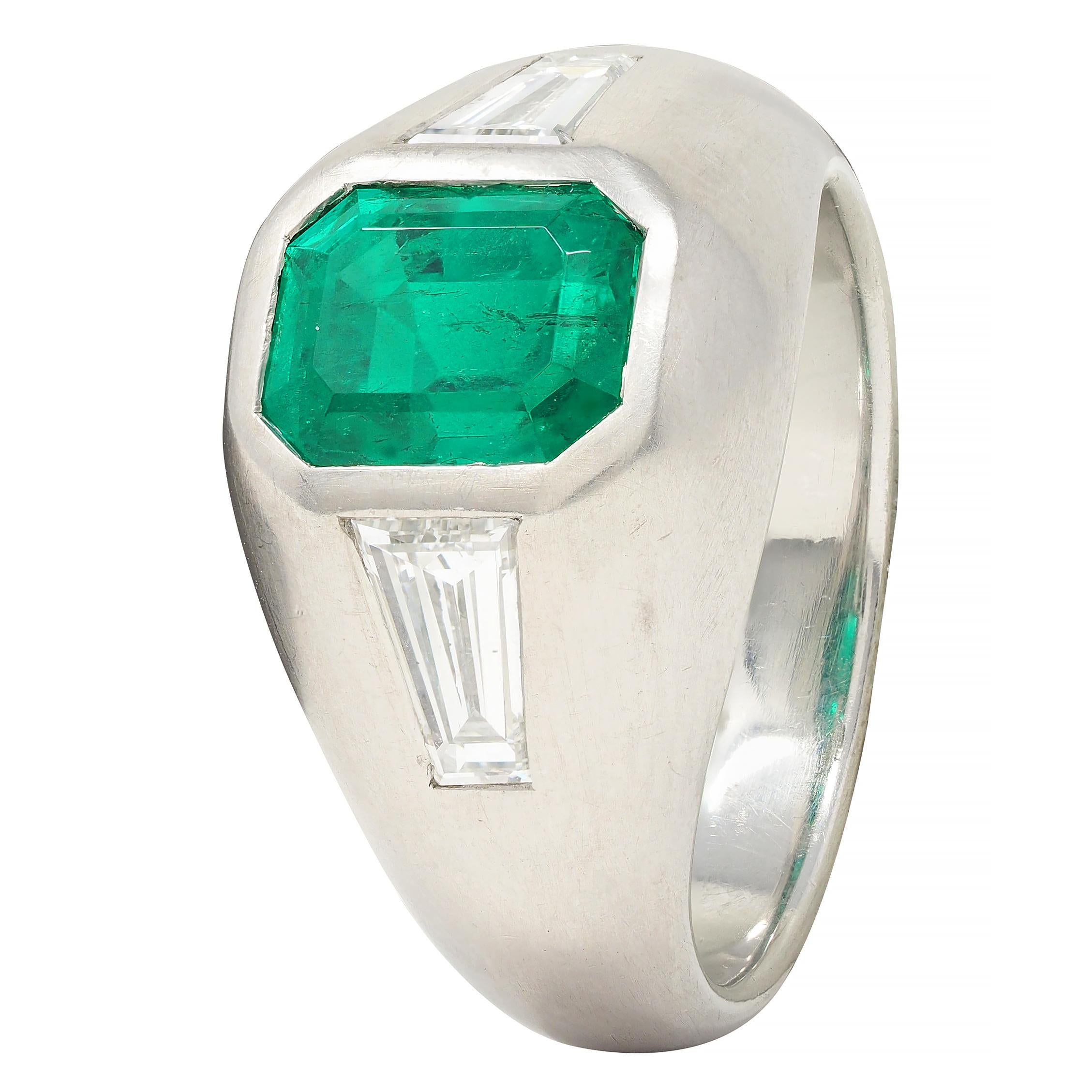 1960's 3.70 CTW Colombian Emerald Diamond Platinum Vintage Three Stone Ring AGL