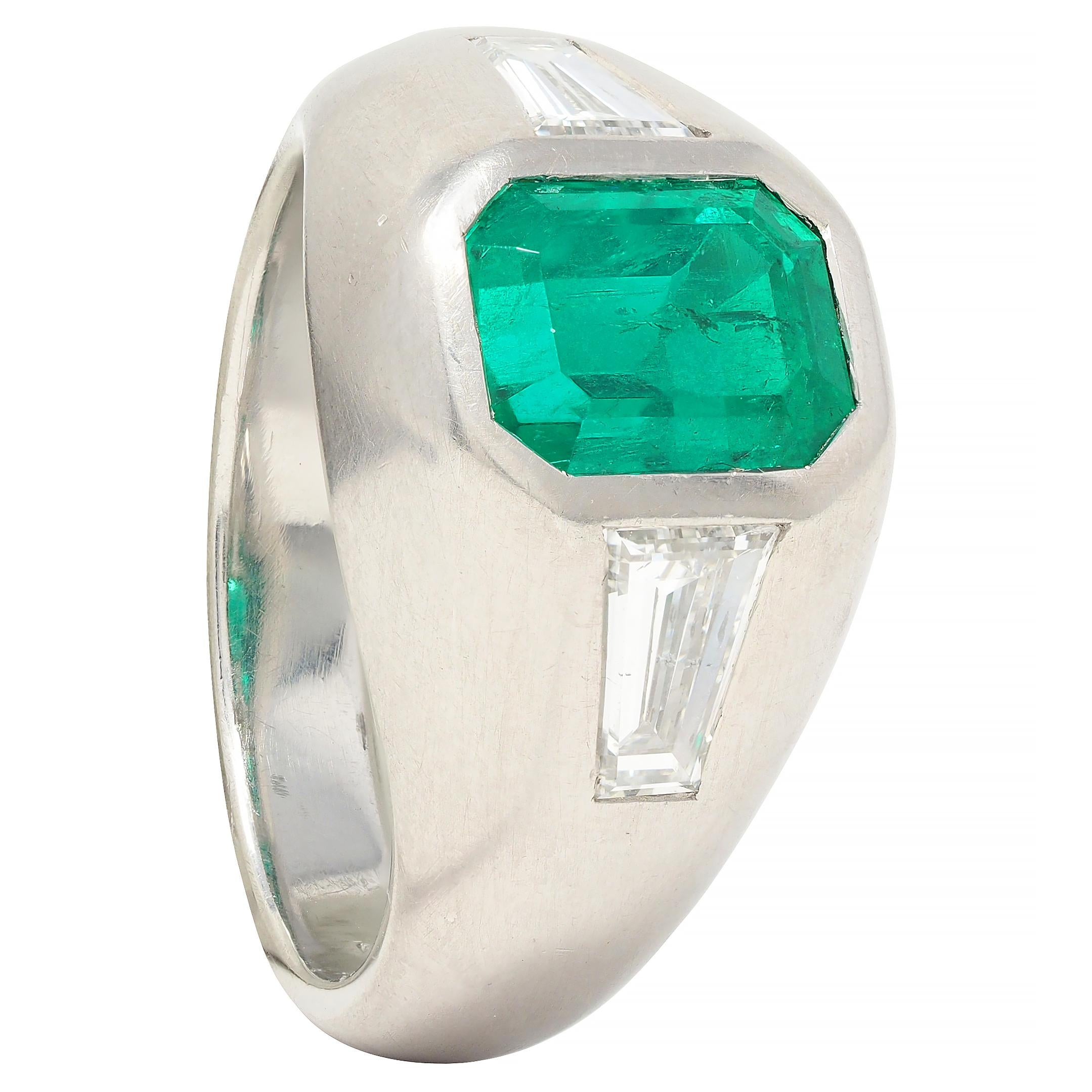 1960's 3.70 CTW Colombian Emerald Diamond Platinum Vintage Three Stone Ring AGL