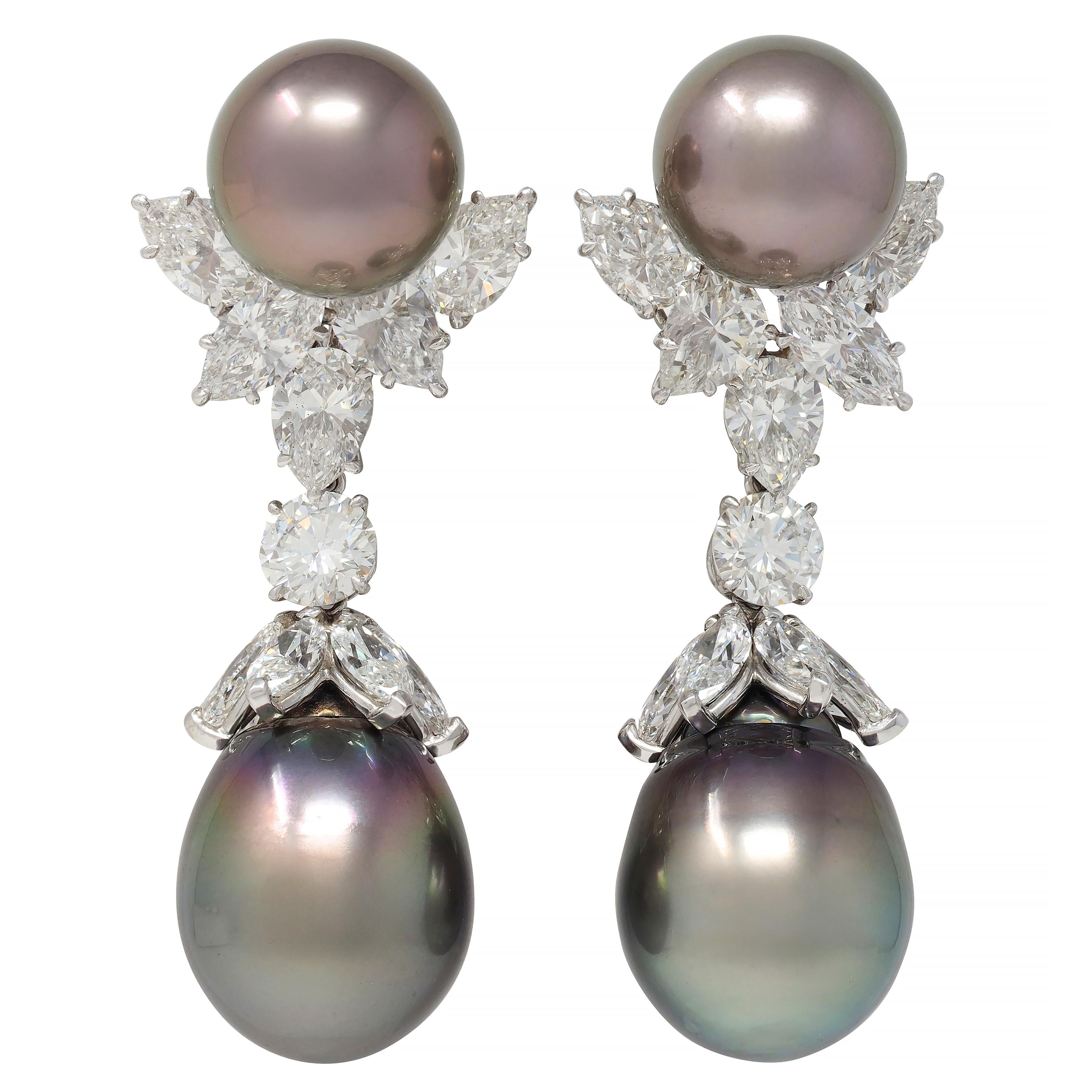 Contemporary 12.50 CTW Diamond Tahitian Pearl Platinum Day Night Drop Earrings