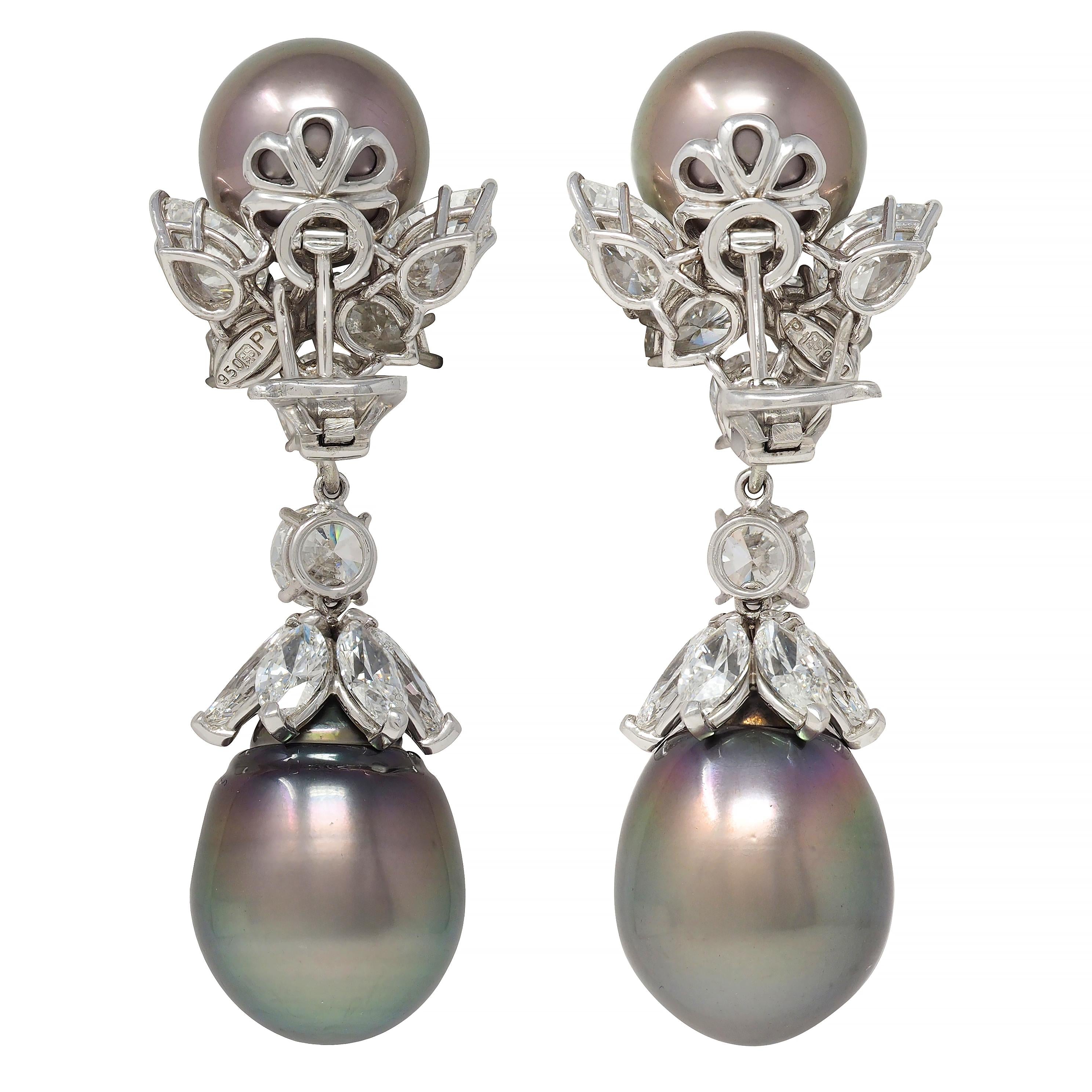 Contemporary 12.50 CTW Diamond Tahitian Pearl Platinum Day Night Drop Earrings