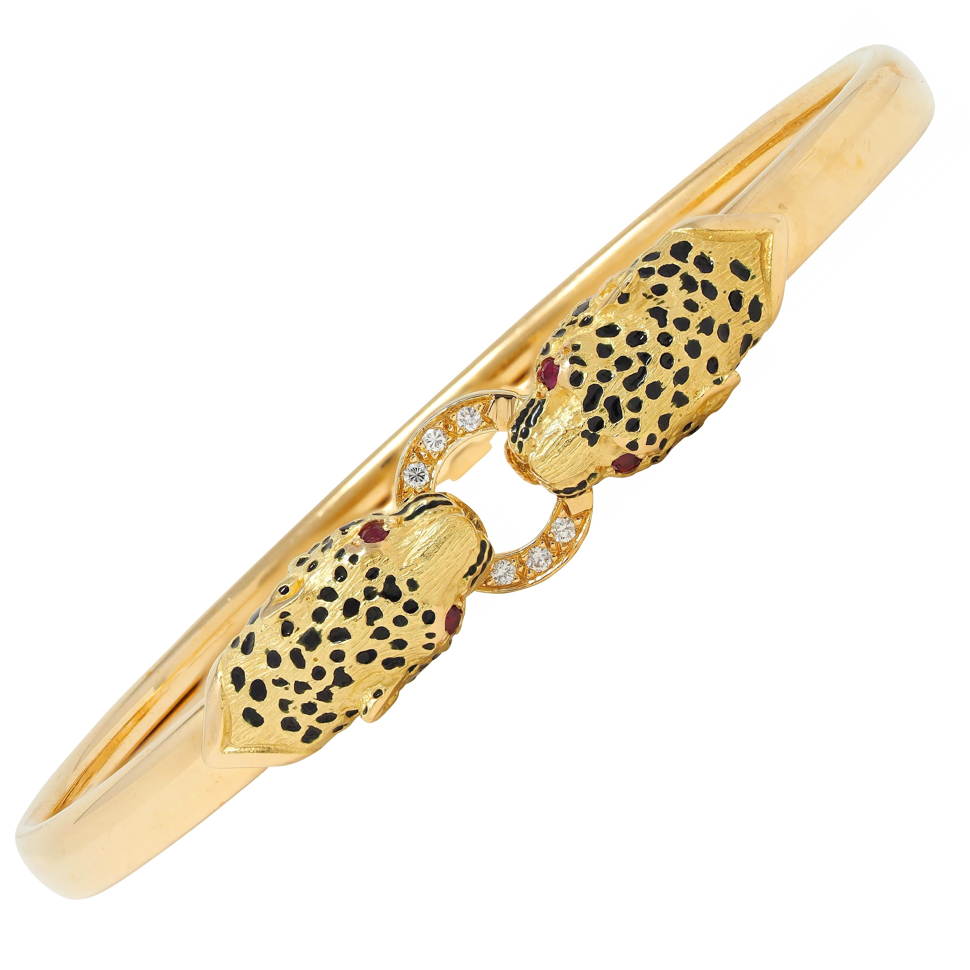 French Diamond Ruby Enamel 18K Yellow Gold Vintage Cheetah Cat Bangle Bracelet