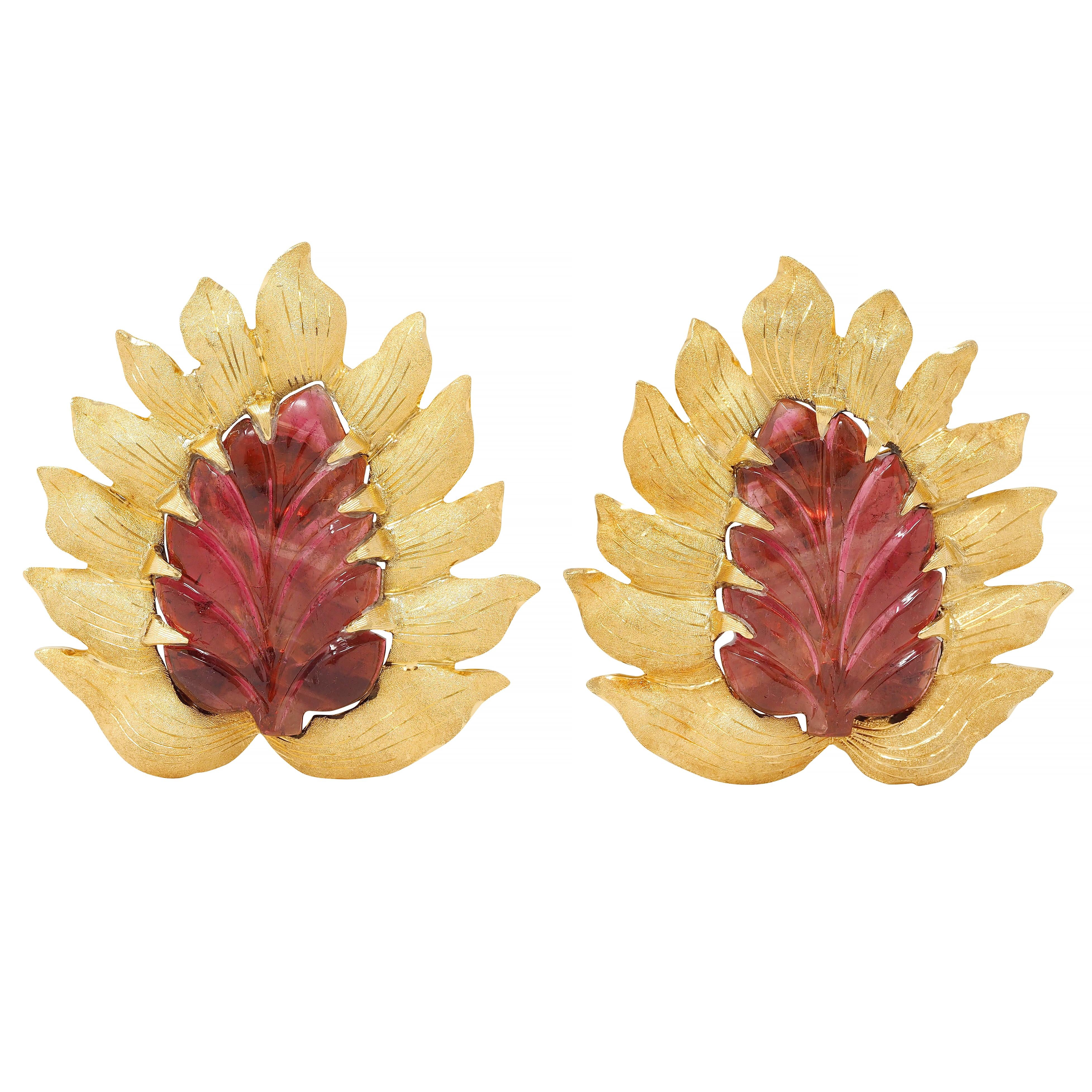 Buccellati Carved Tourmaline 18 Karat Yellow Gold Vintage Foliate Leaf Earrings