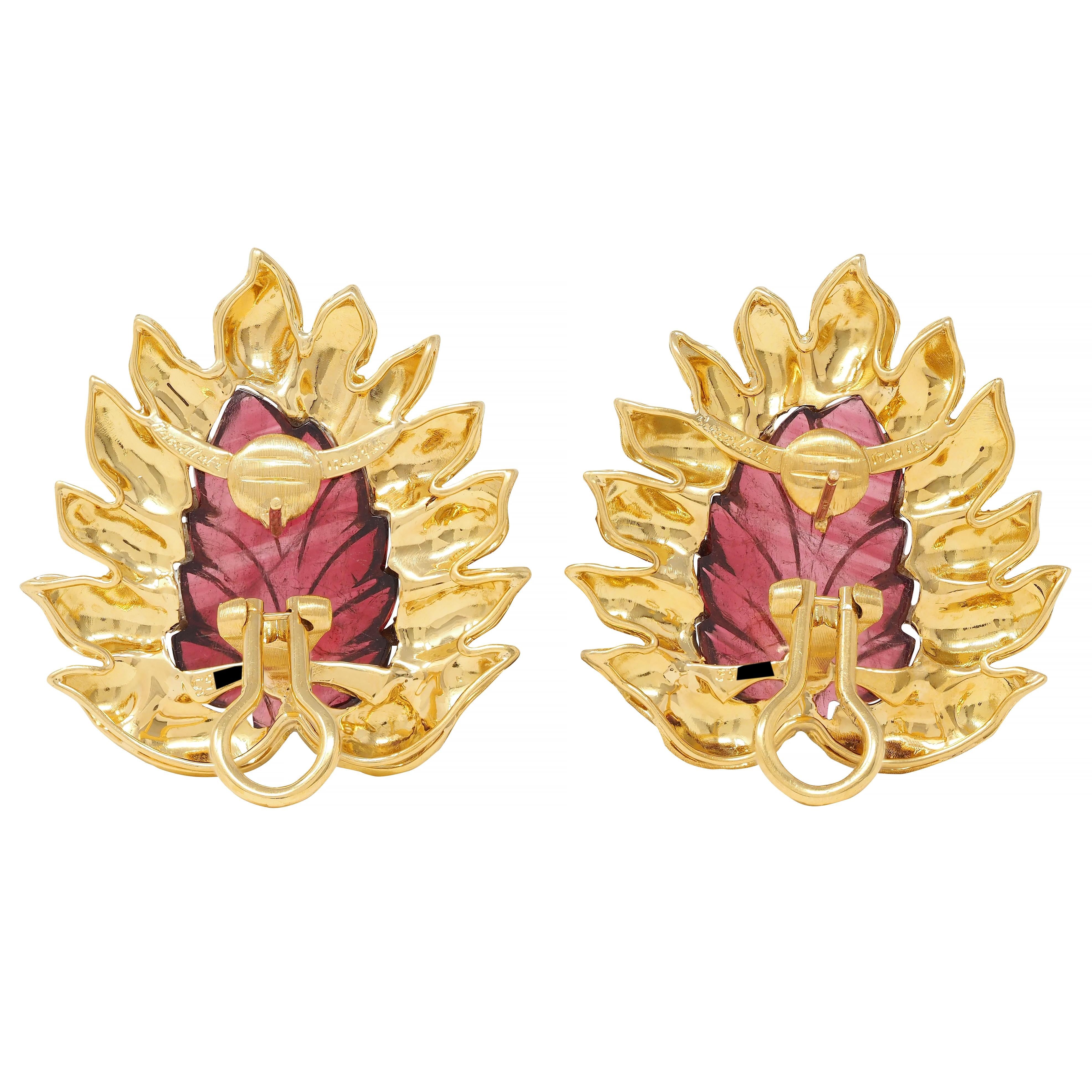 Buccellati Carved Tourmaline 18 Karat Yellow Gold Vintage Foliate Leaf Earrings