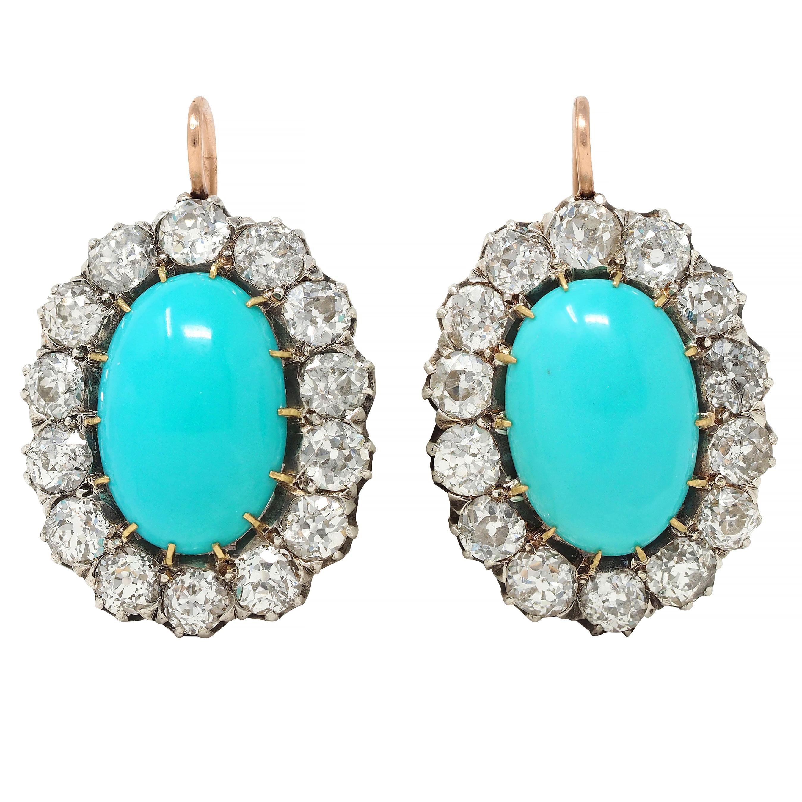 Victorian 7.00 CTW Diamond Turquoise 18K Gold Silver Antique Halo Drop Earrings