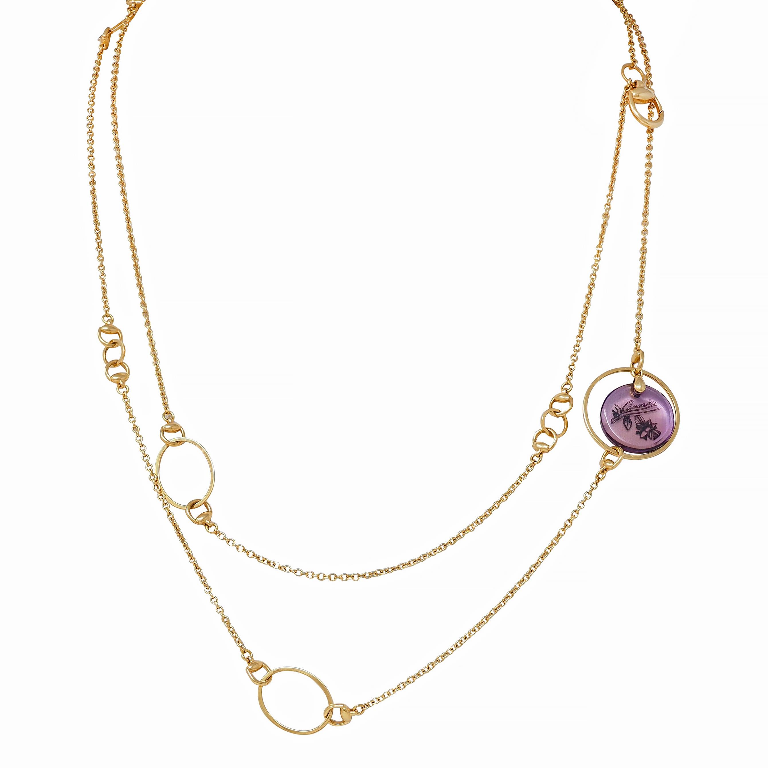 Gucci 2000's Amethyst 18 Karat Yellow Gold Flora Bee Horsebit Station Necklace