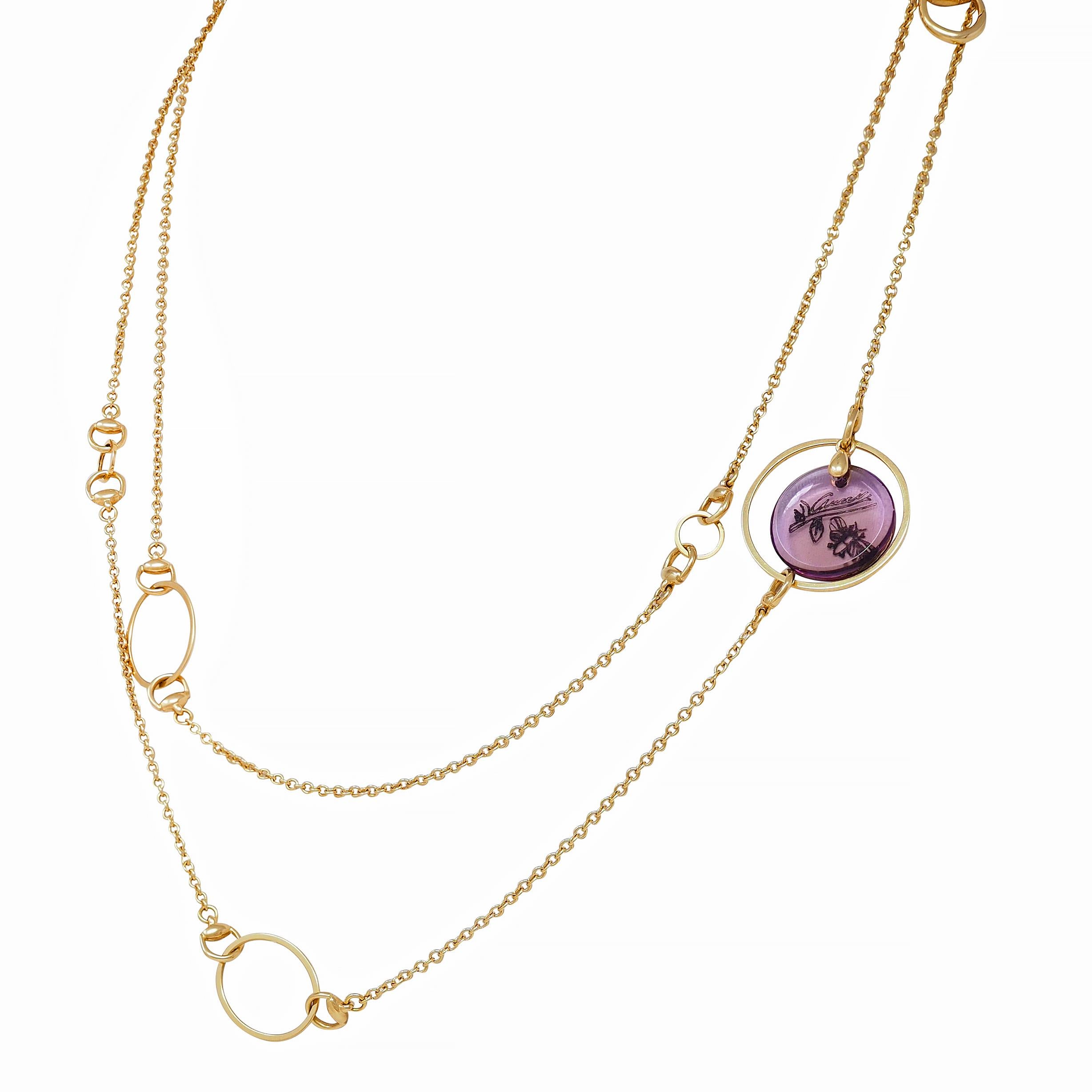 Gucci 2000's Amethyst 18 Karat Yellow Gold Flora Bee Horsebit Station Necklace