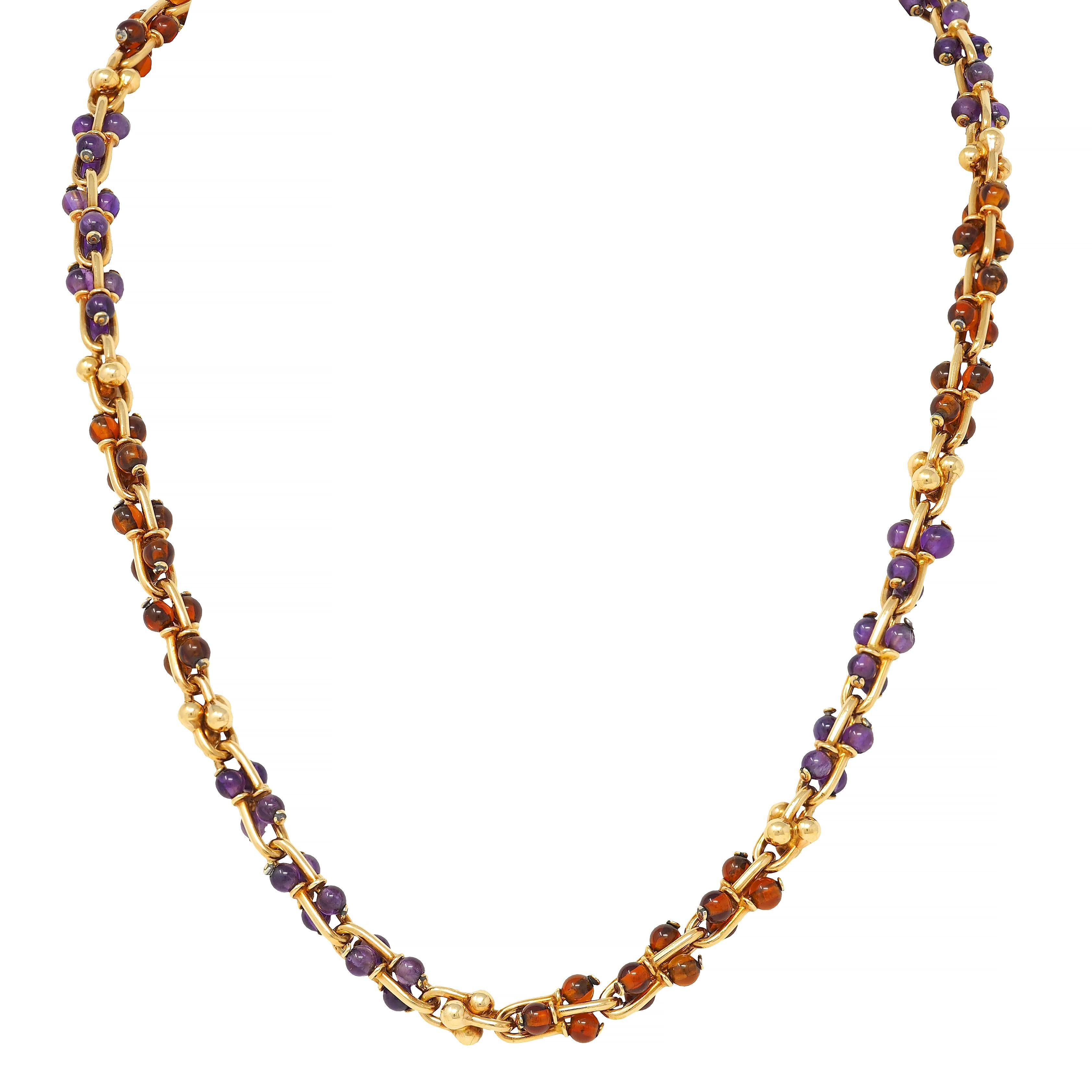 Bulgari 1990s Amethyst Citrine 18K Gold Vintage Beaded Gauge Link Necklace