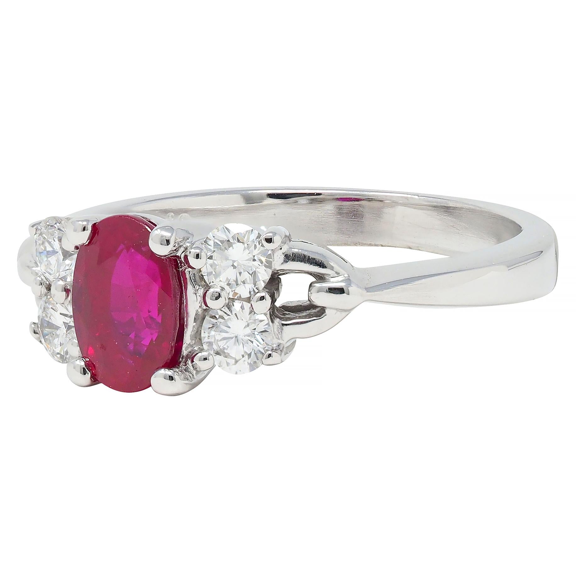 Contemporary 1.20 CTW Ruby Diamond 18 Karat White Gold Buckle Ring