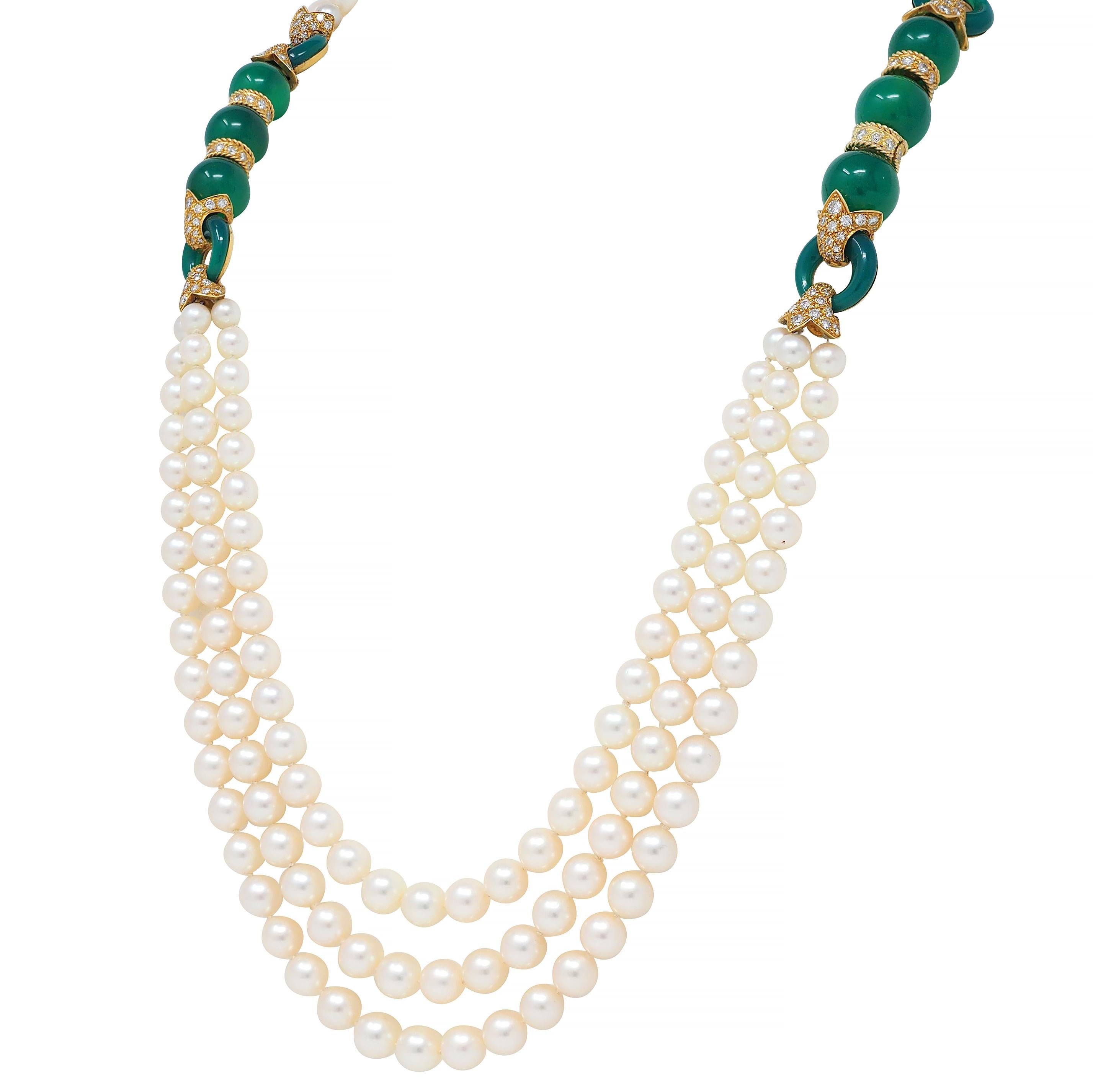 Van Cleef & Arpels Diamond Chrysoprase Pearl 18K Yellow Gold Vintage Necklace