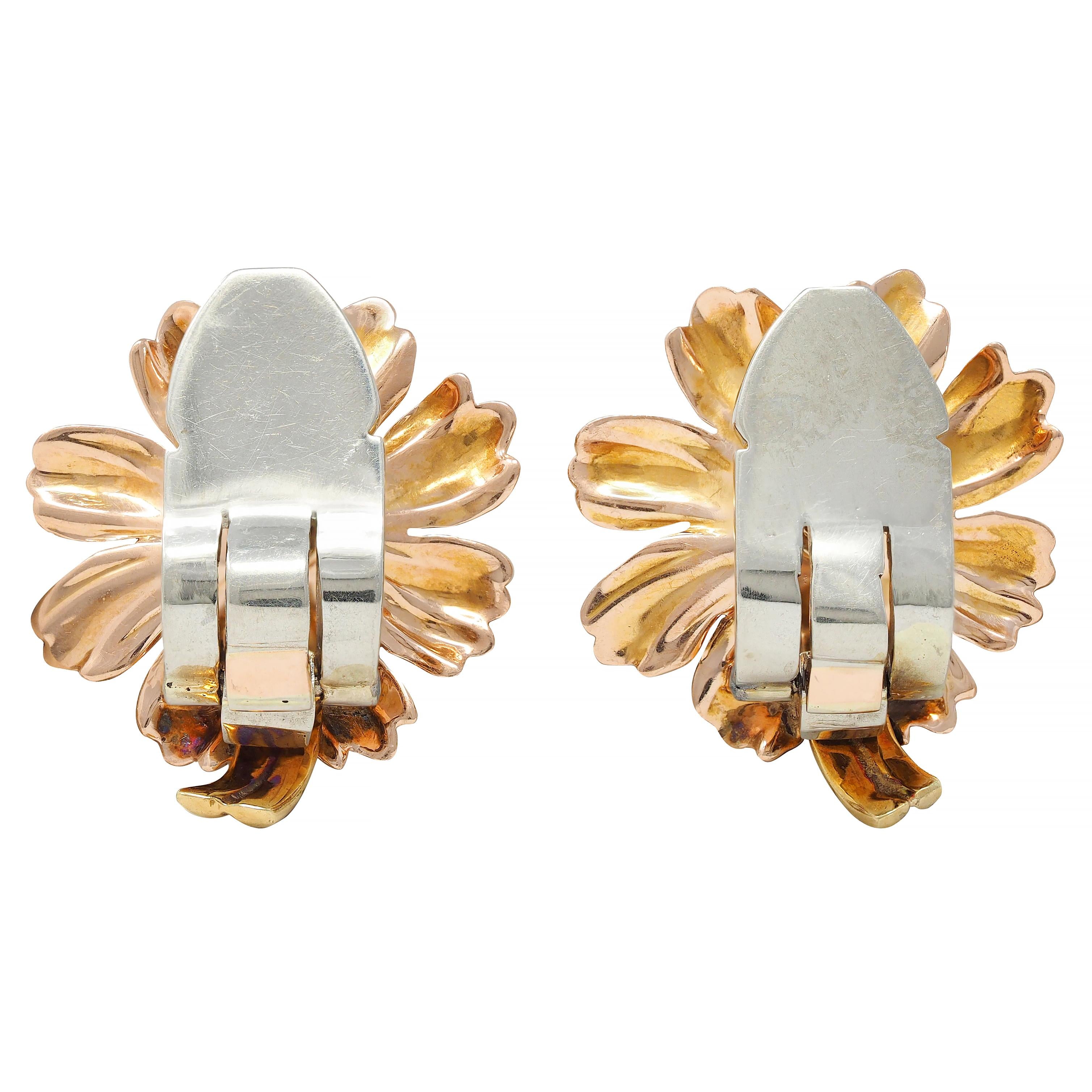 Retro Diamond 14 Karat Tri-Gold Vintage Daisy Flower Ear-Clip 1940s Earrings