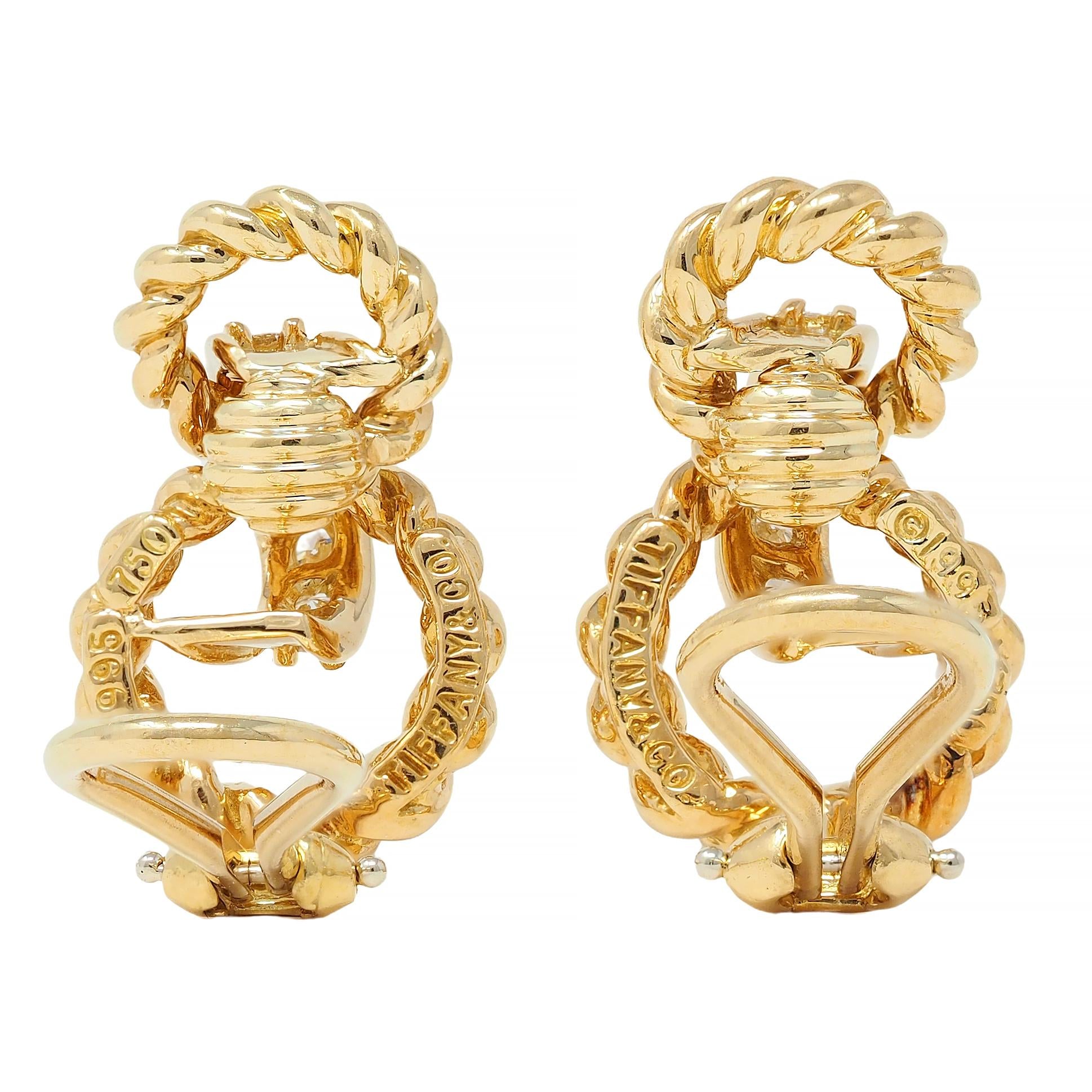 Tiffany & Co. 1995 Diamond 18 Karat Yellow Gold Vintage Twist Ear-Clip Earrings