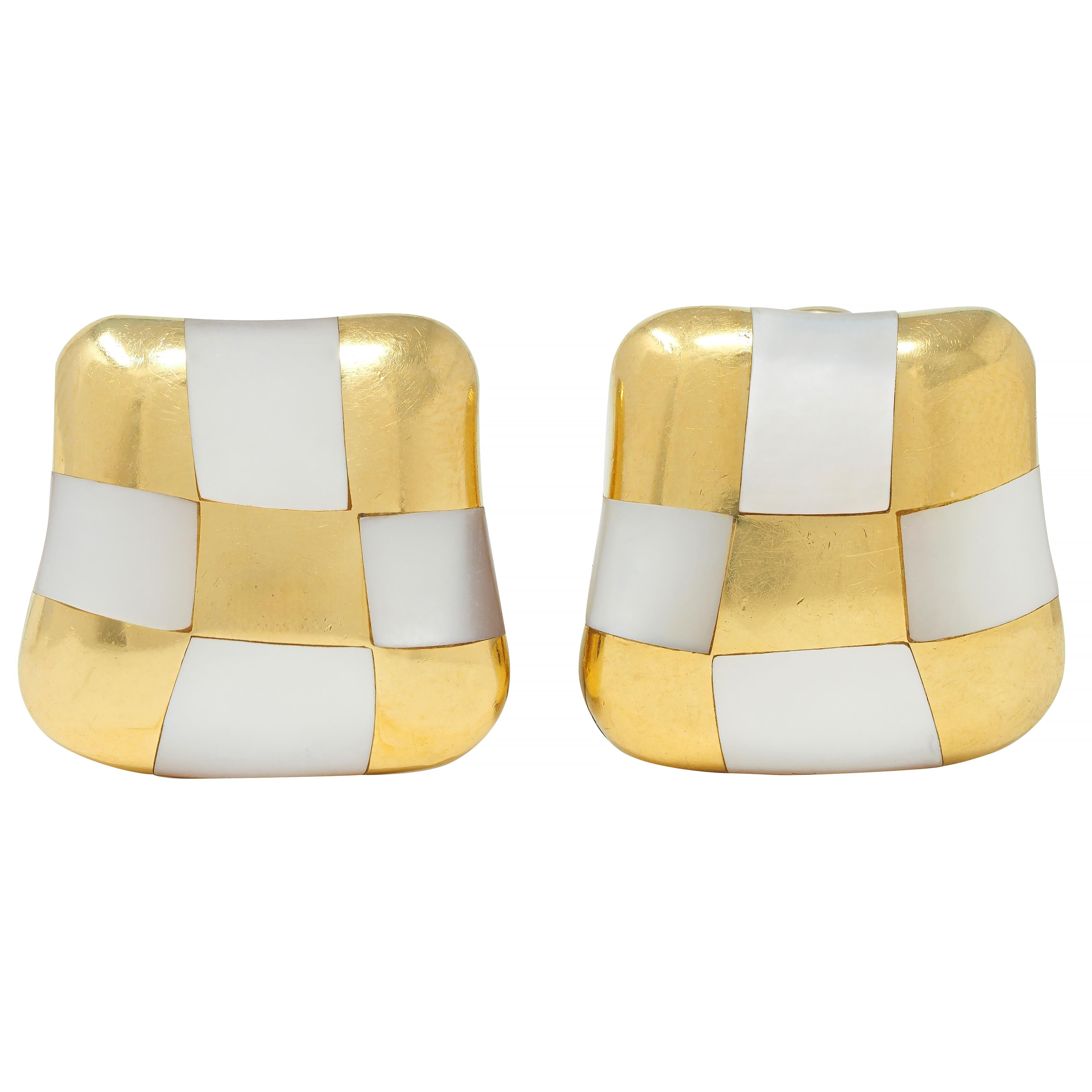 Angela Cummings 1980 Mother-Of-Pearl 18 Karat Gold Vintage Checkerboard Earrings