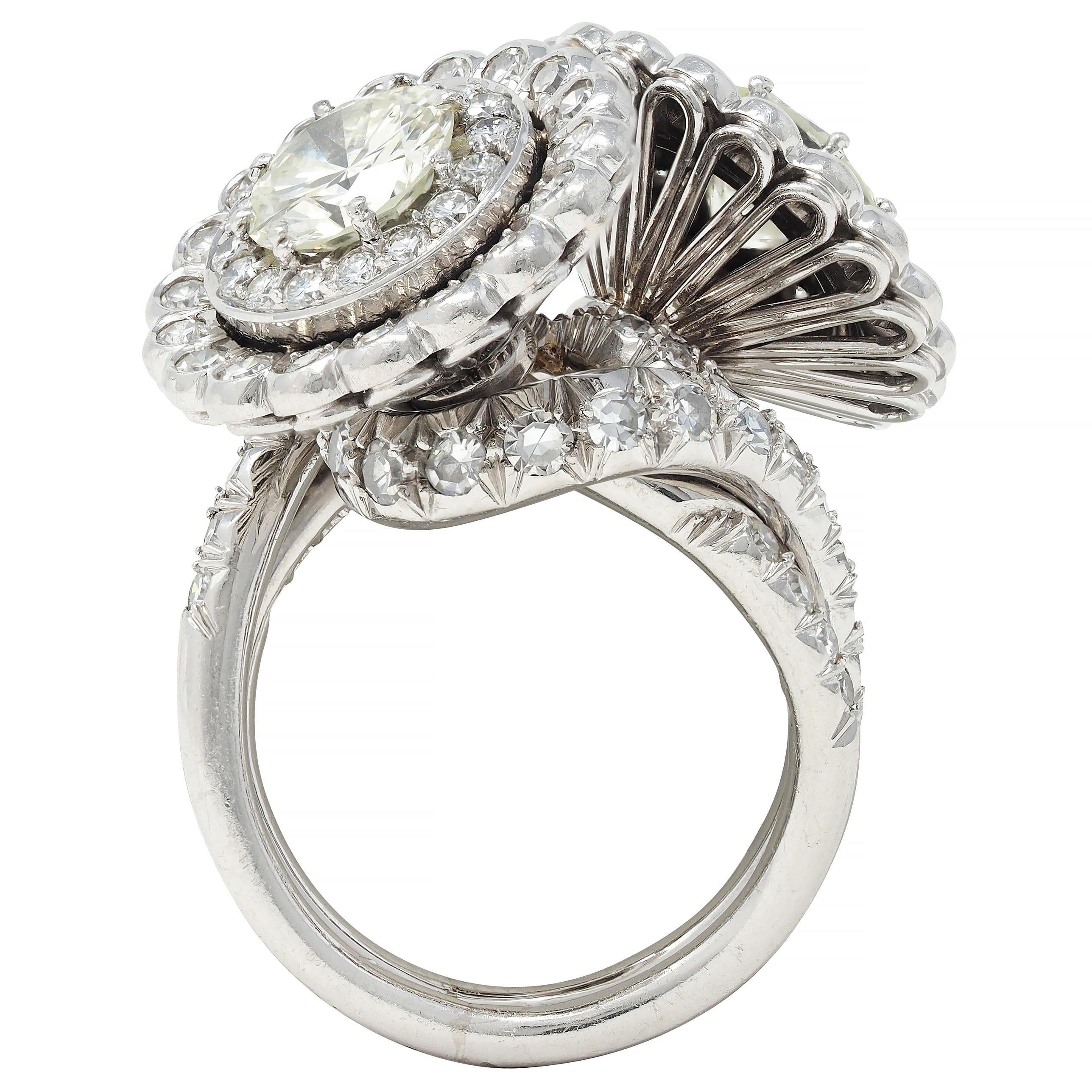 Mid-Century French 5.85 CTW Diamond Platinum Vintage Halo Bypass Floral Ring