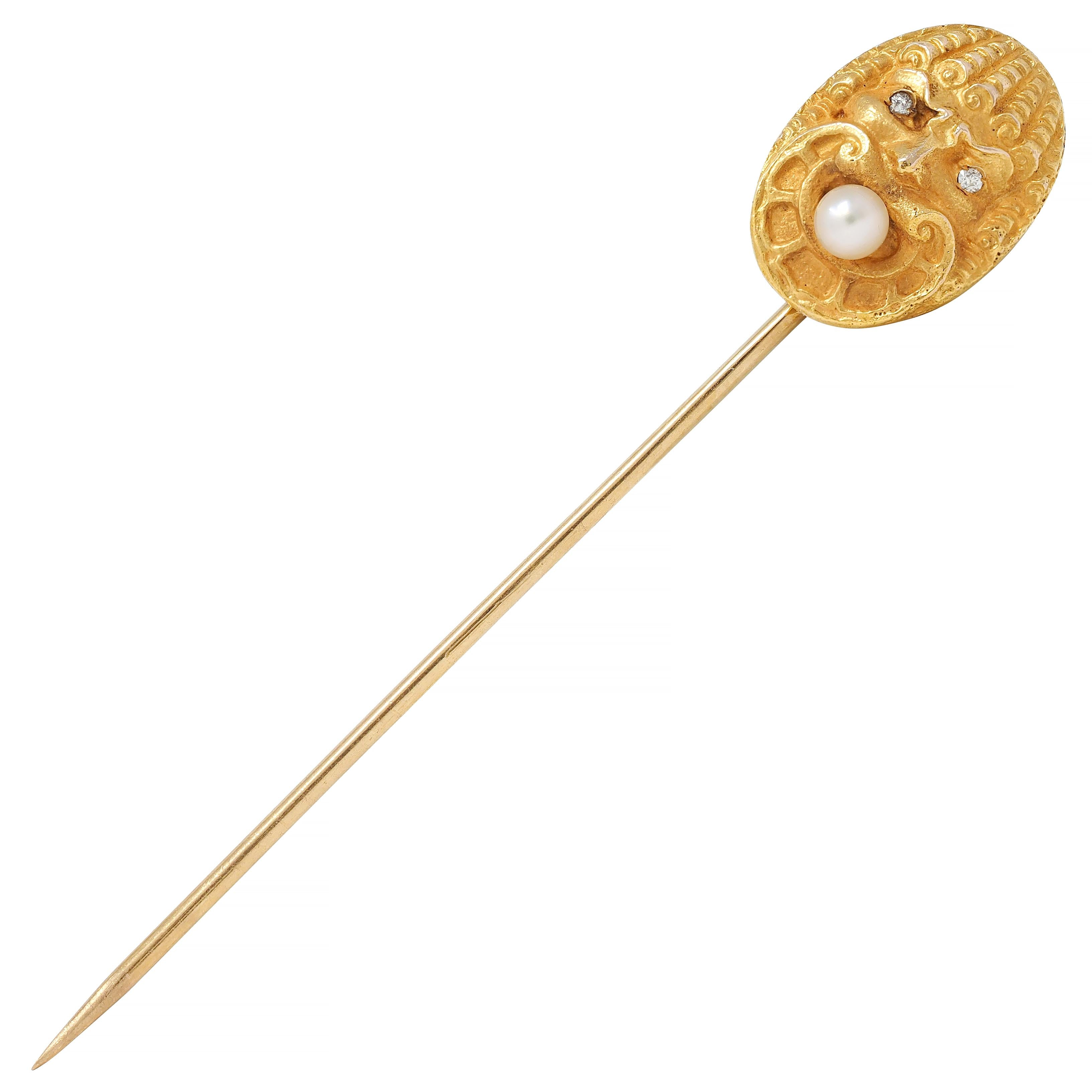 Victorian Diamond Pearl 14 Karat Yellow Gold Antique God Of Wind Stickpin