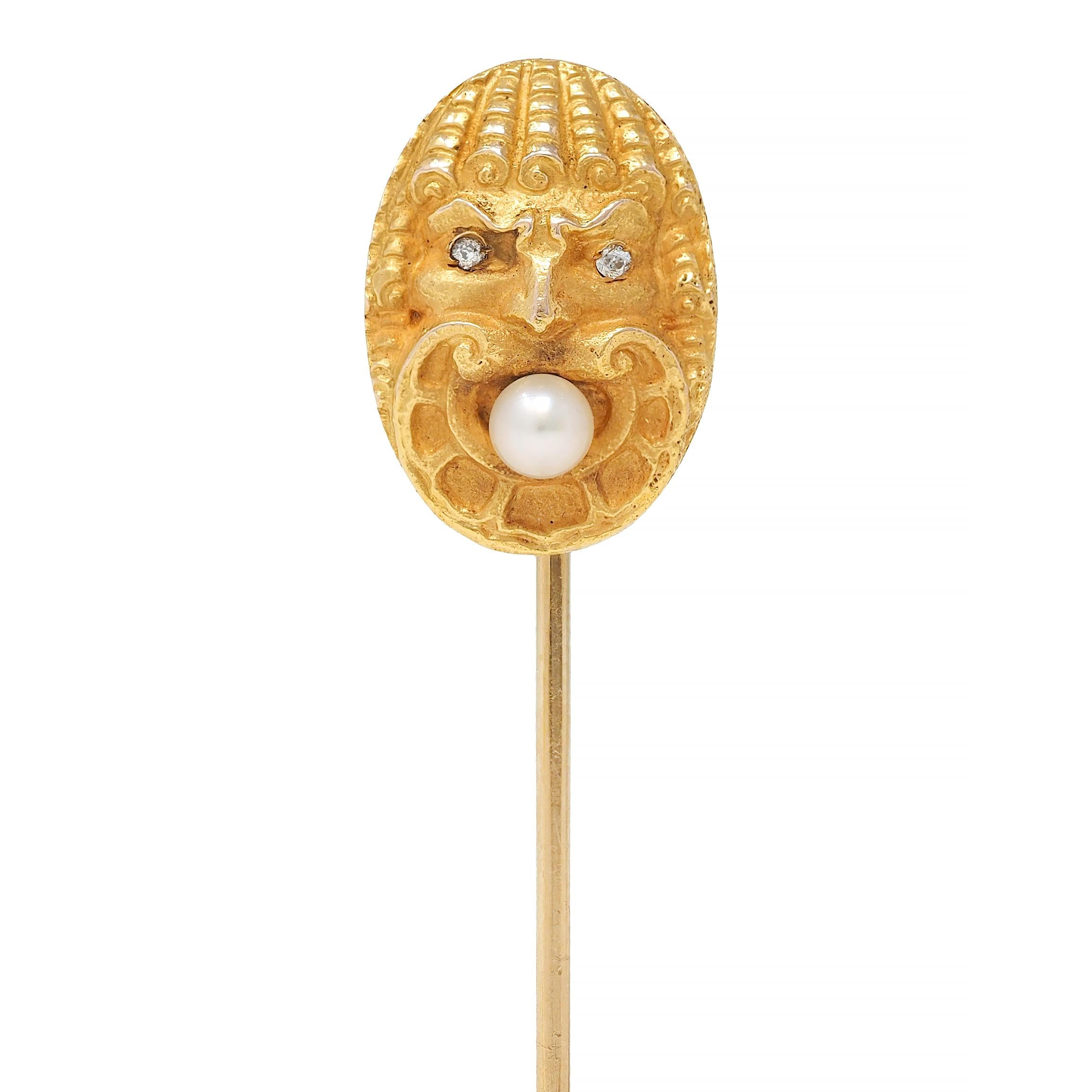 Victorian Diamond Pearl 14 Karat Yellow Gold Antique God Of Wind Stickpin