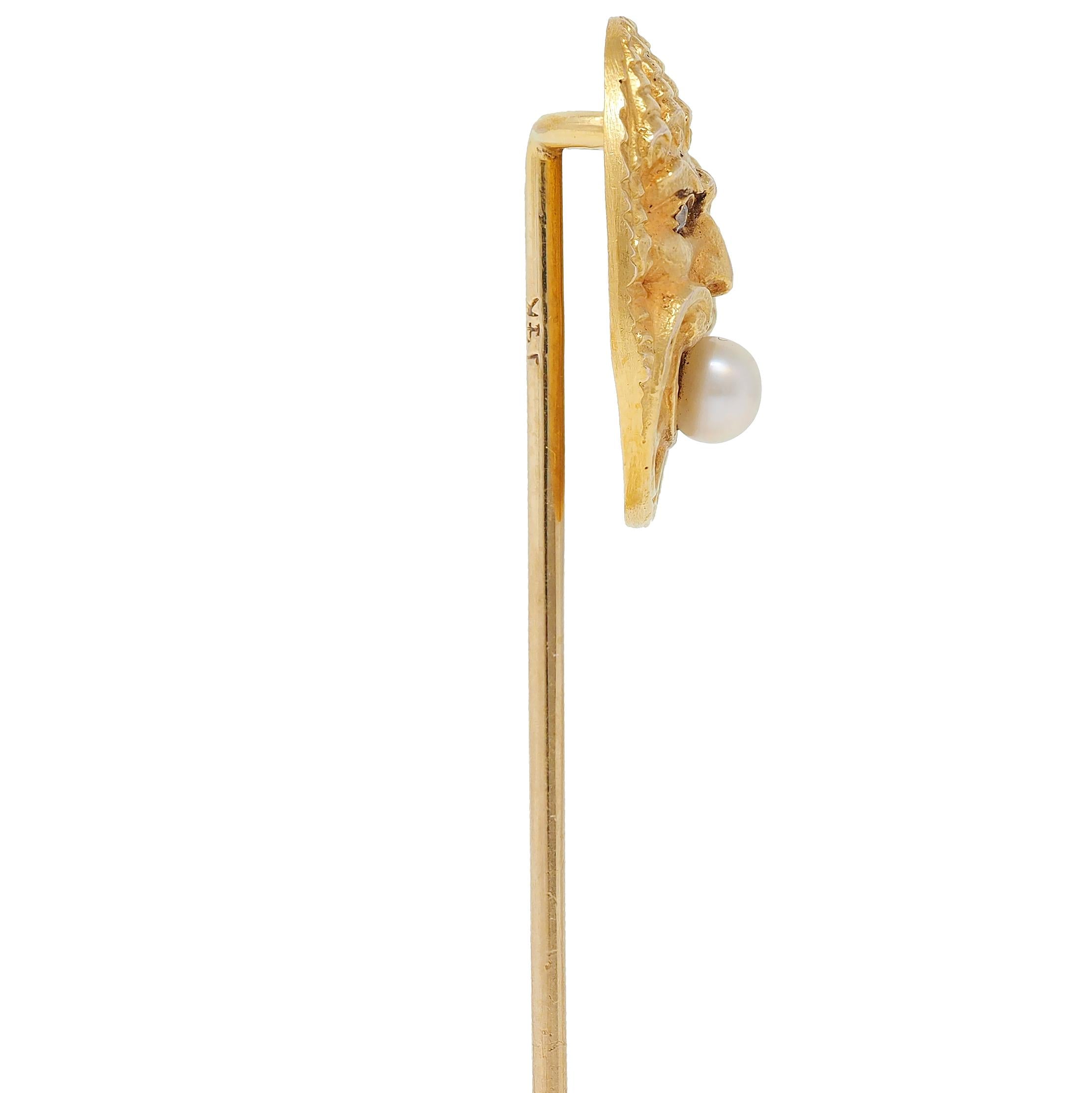 Victorian Diamond Pearl 14 Karat Yellow Gold Antique God Of Wind Stickpin