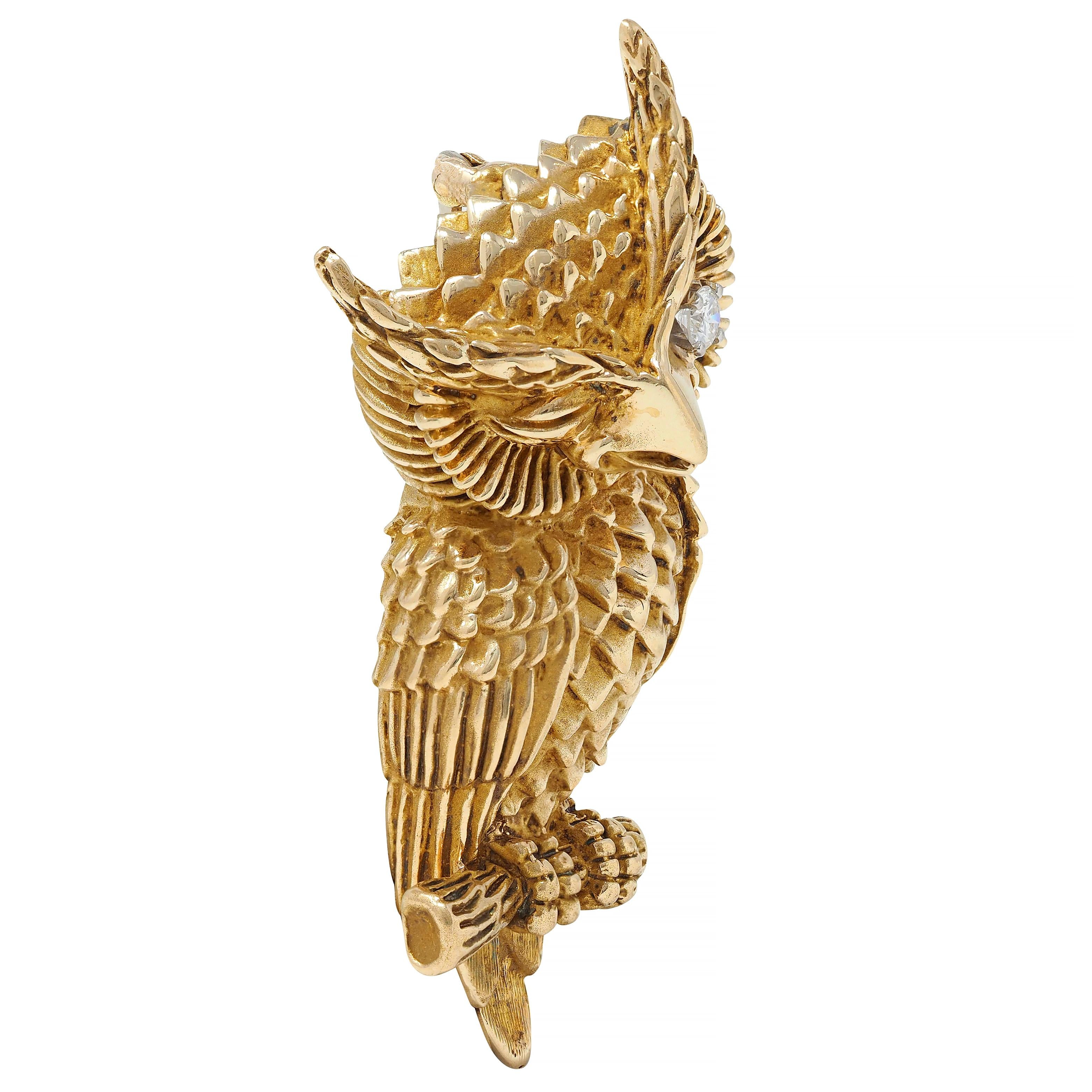 Dan Frere 1970's Diamond 14 Karat Yellow Gold Vintage Owl Bird Brooch