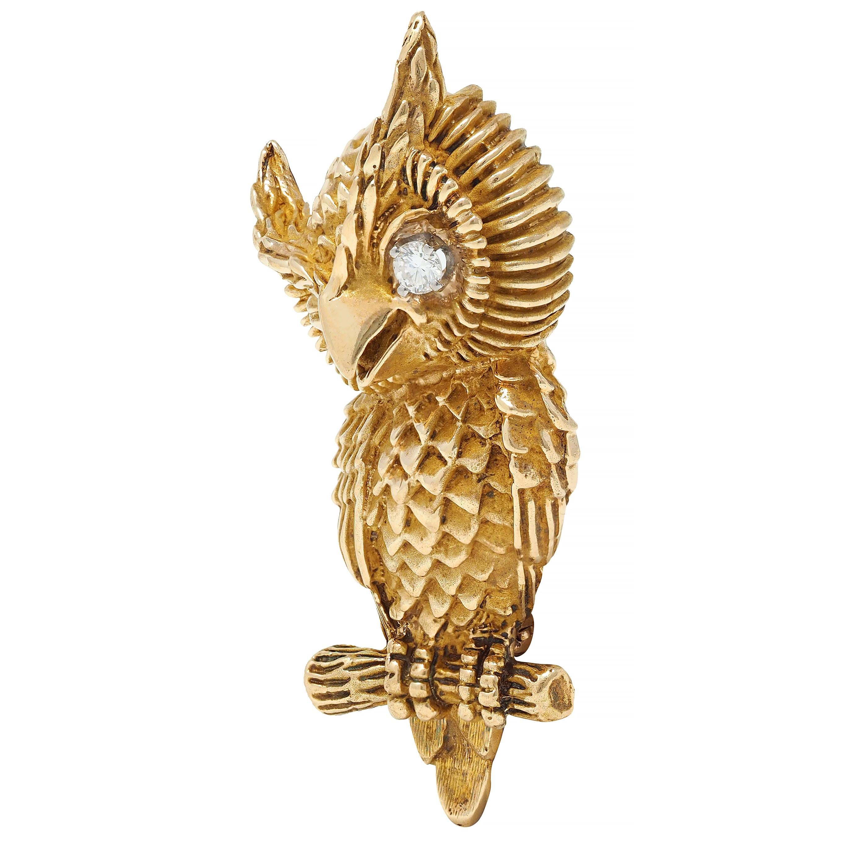 Dan Frere 1970's Diamond 14 Karat Yellow Gold Vintage Owl Bird Brooch