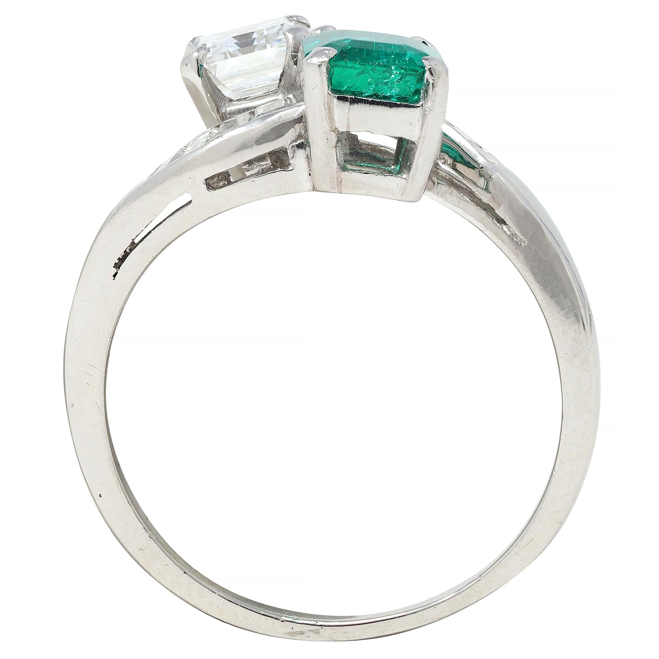 1980's Emerald Diamond Platinum Vintage Toi-Et-Moi Bypass Engagement Ring