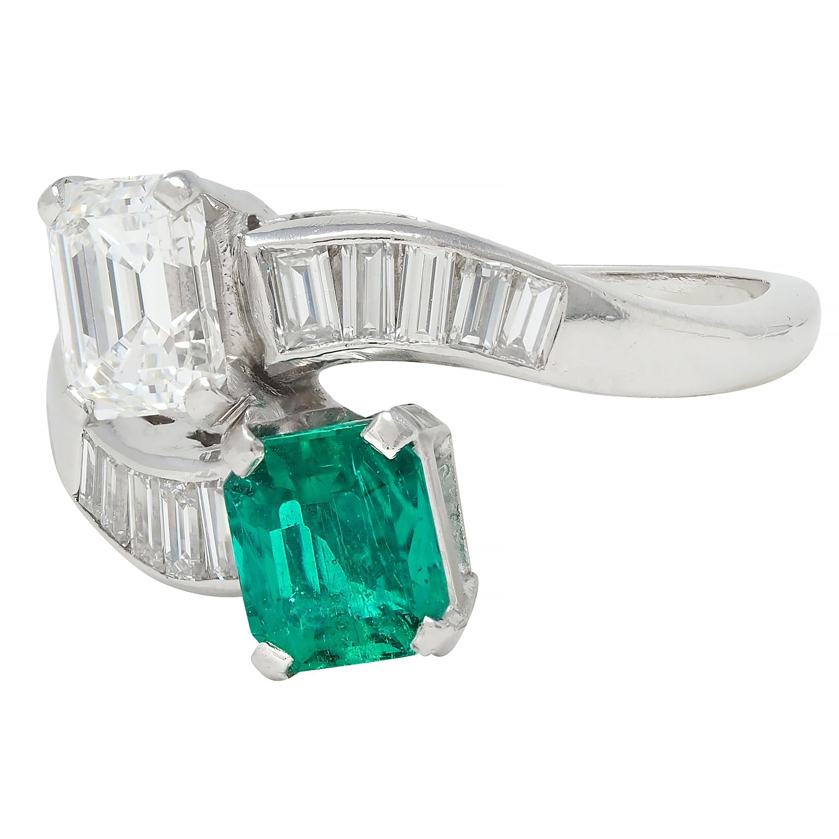 1980's Emerald Diamond Platinum Vintage Toi-Et-Moi Bypass Engagement Ring