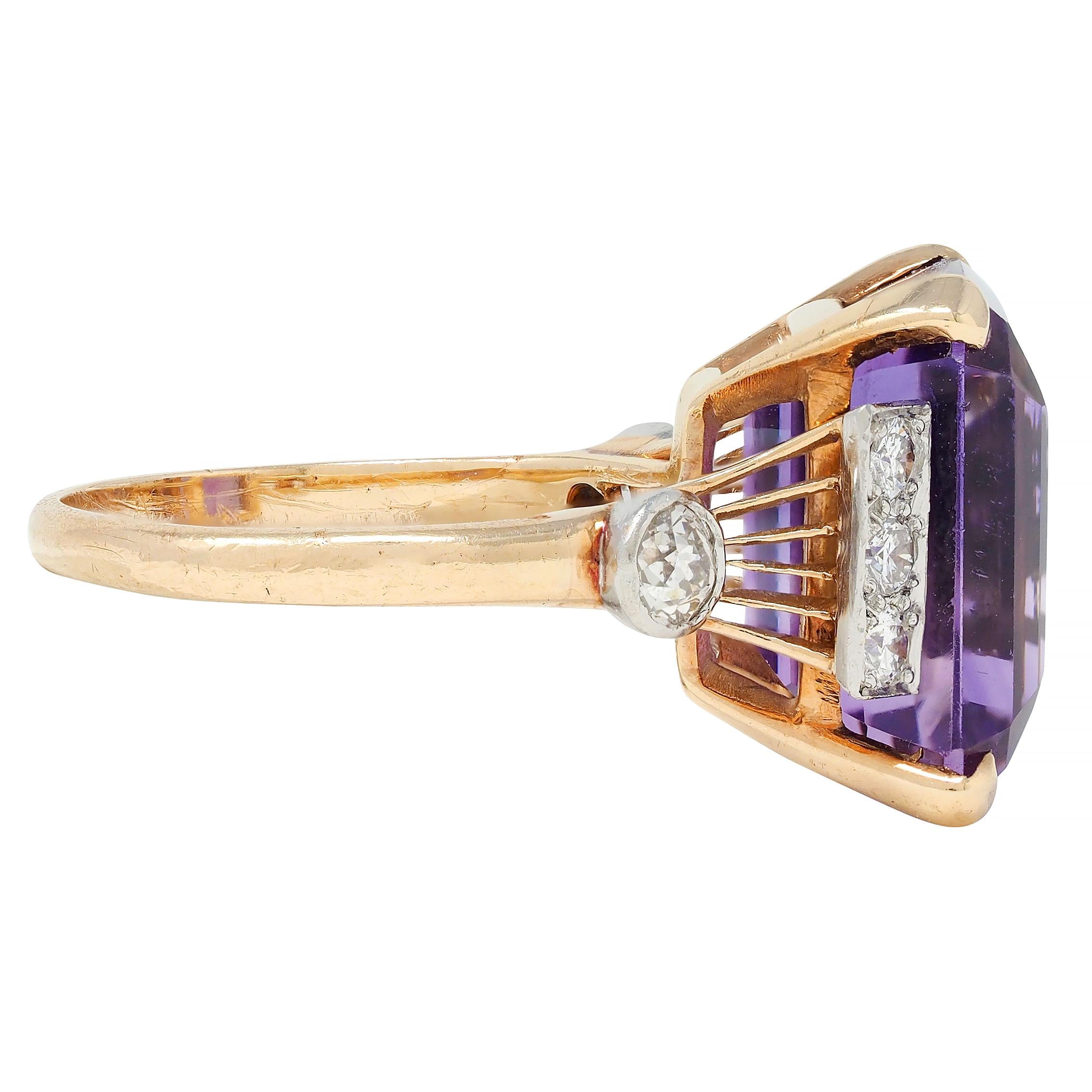 Retro 10.22 CTW Amethyst Diamond Platinum 14 Karat Gold Vintage Cocktail Ring