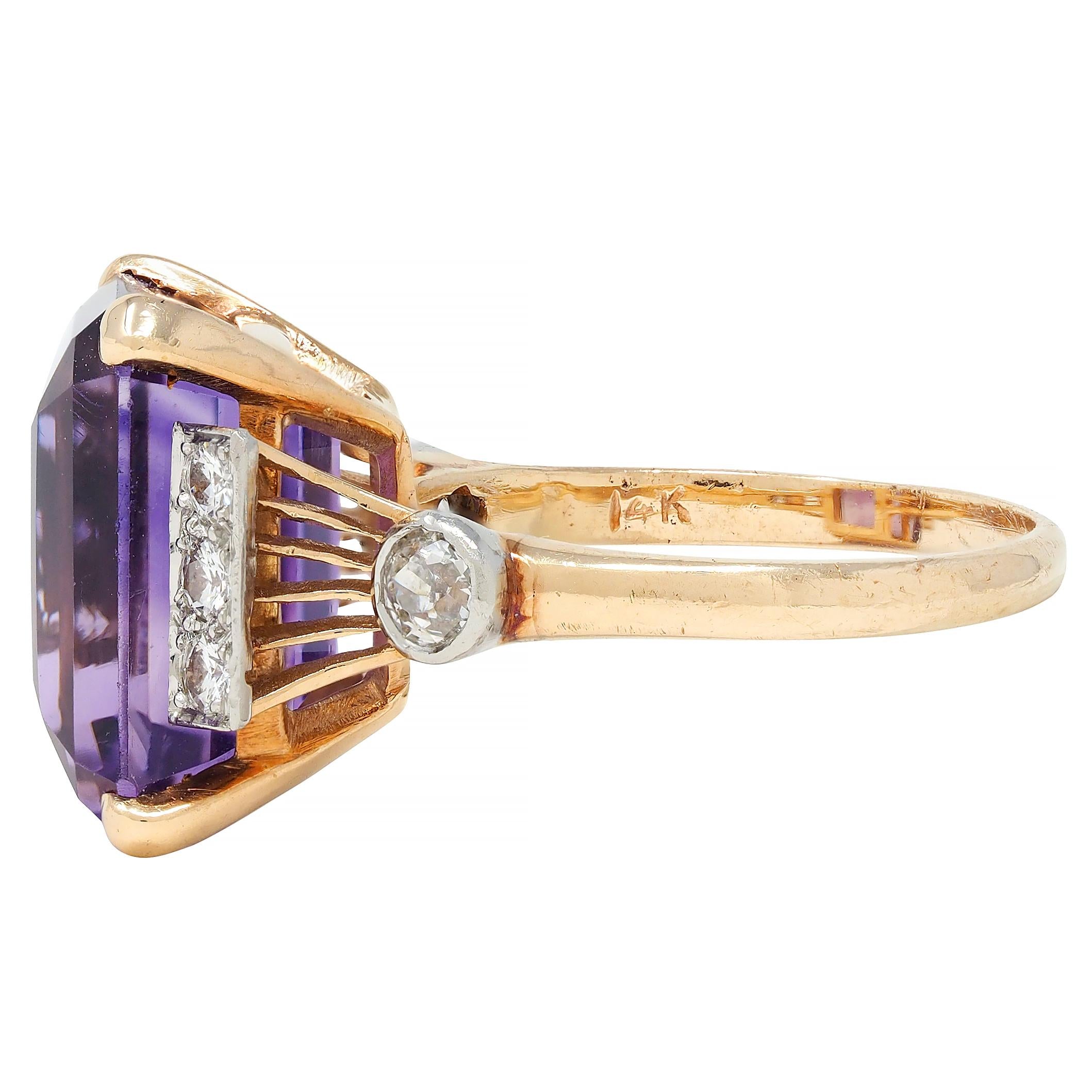 Retro 10.22 CTW Amethyst Diamond Platinum 14 Karat Gold Vintage Cocktail Ring