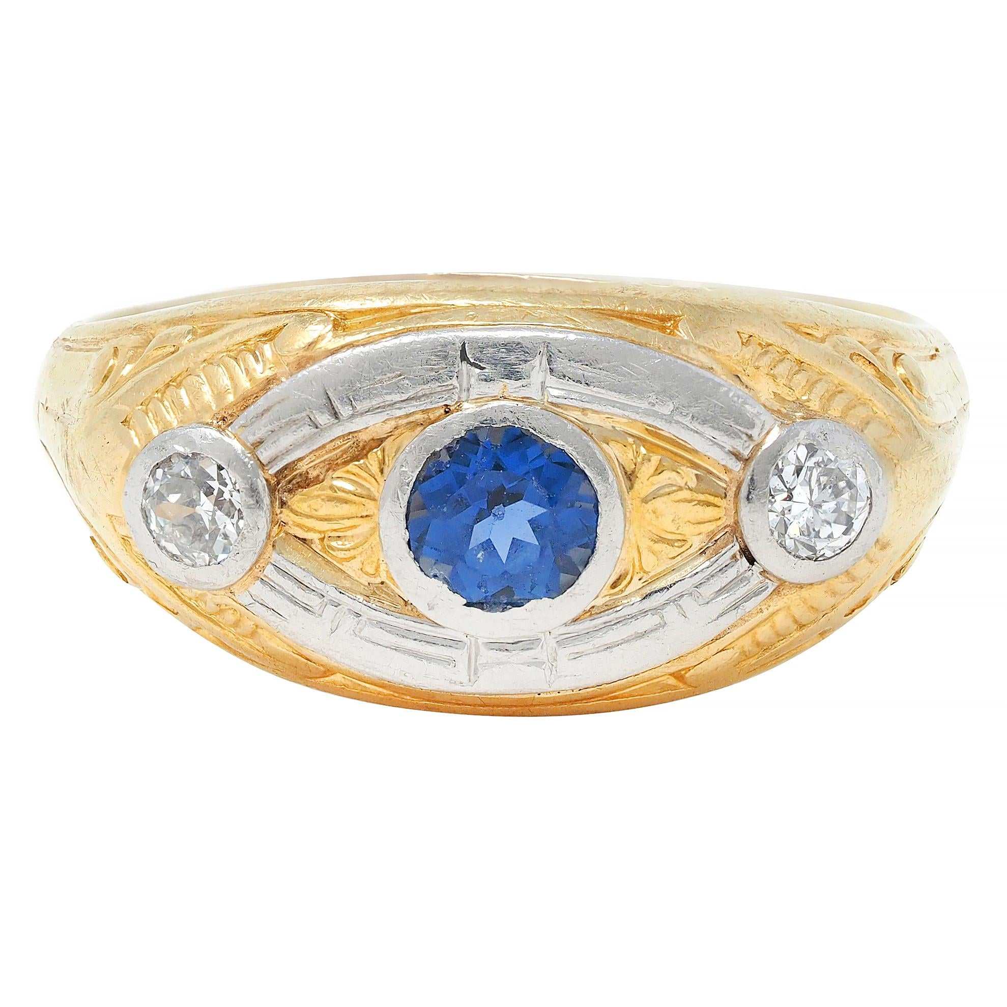 Art Deco Sapphire Diamond Platinum 18 Karat Yellow Gold Vintage Scroll Band Ring