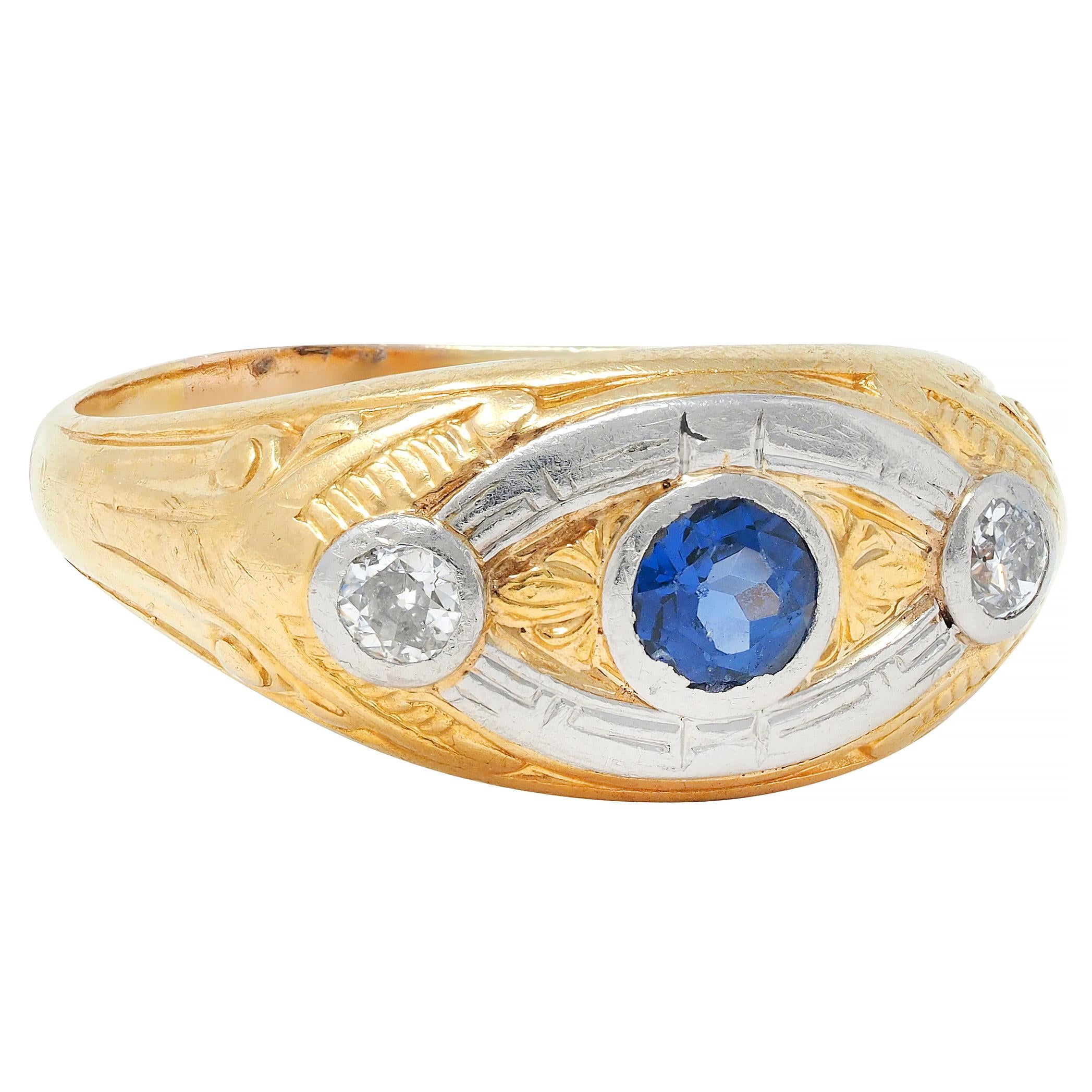 Art Deco Sapphire Diamond Platinum 18 Karat Yellow Gold Vintage Scroll Band Ring