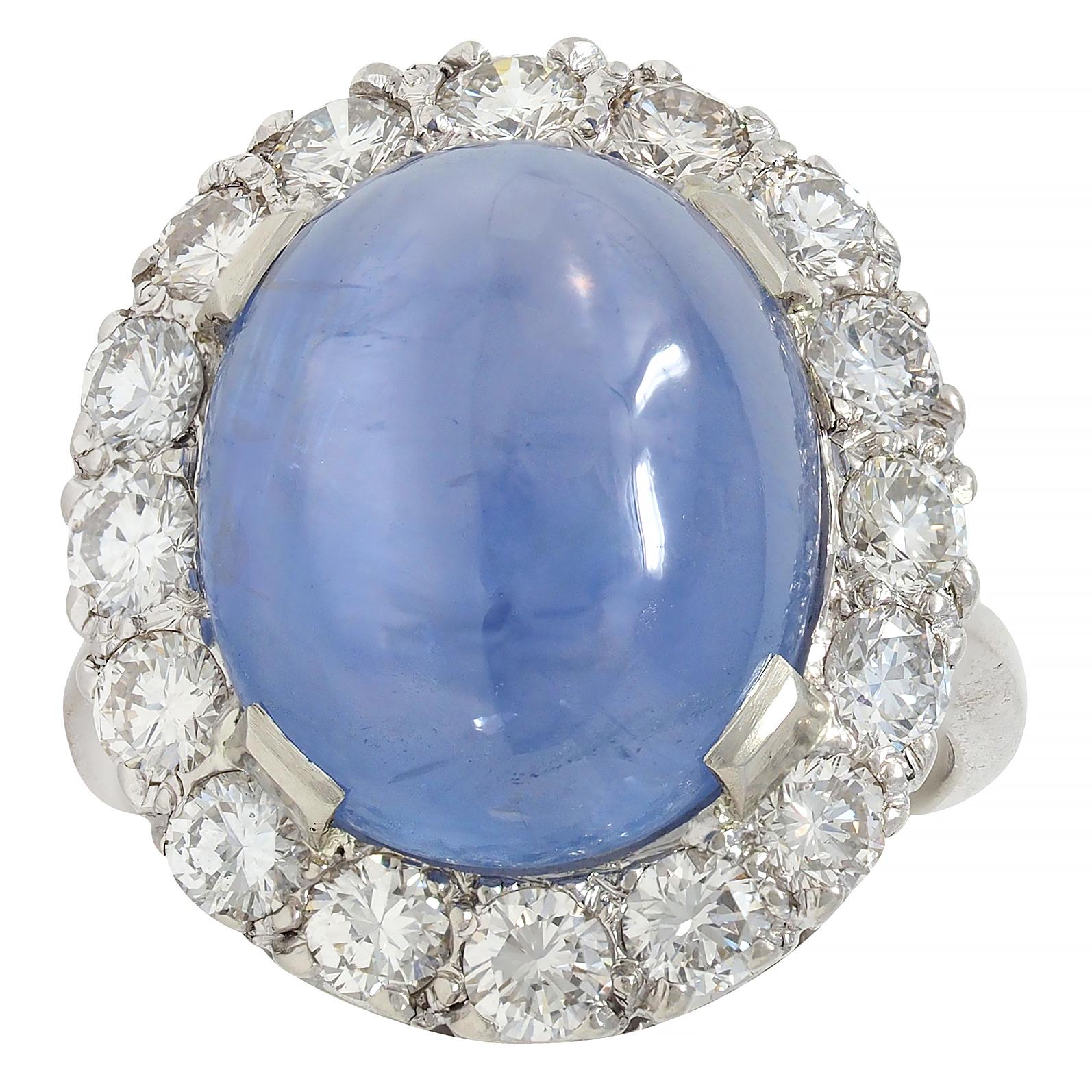 Mid-Century 16.75 CTW Star Sapphire Cabochon Diamond 14K Gold Vintage Halo Ring