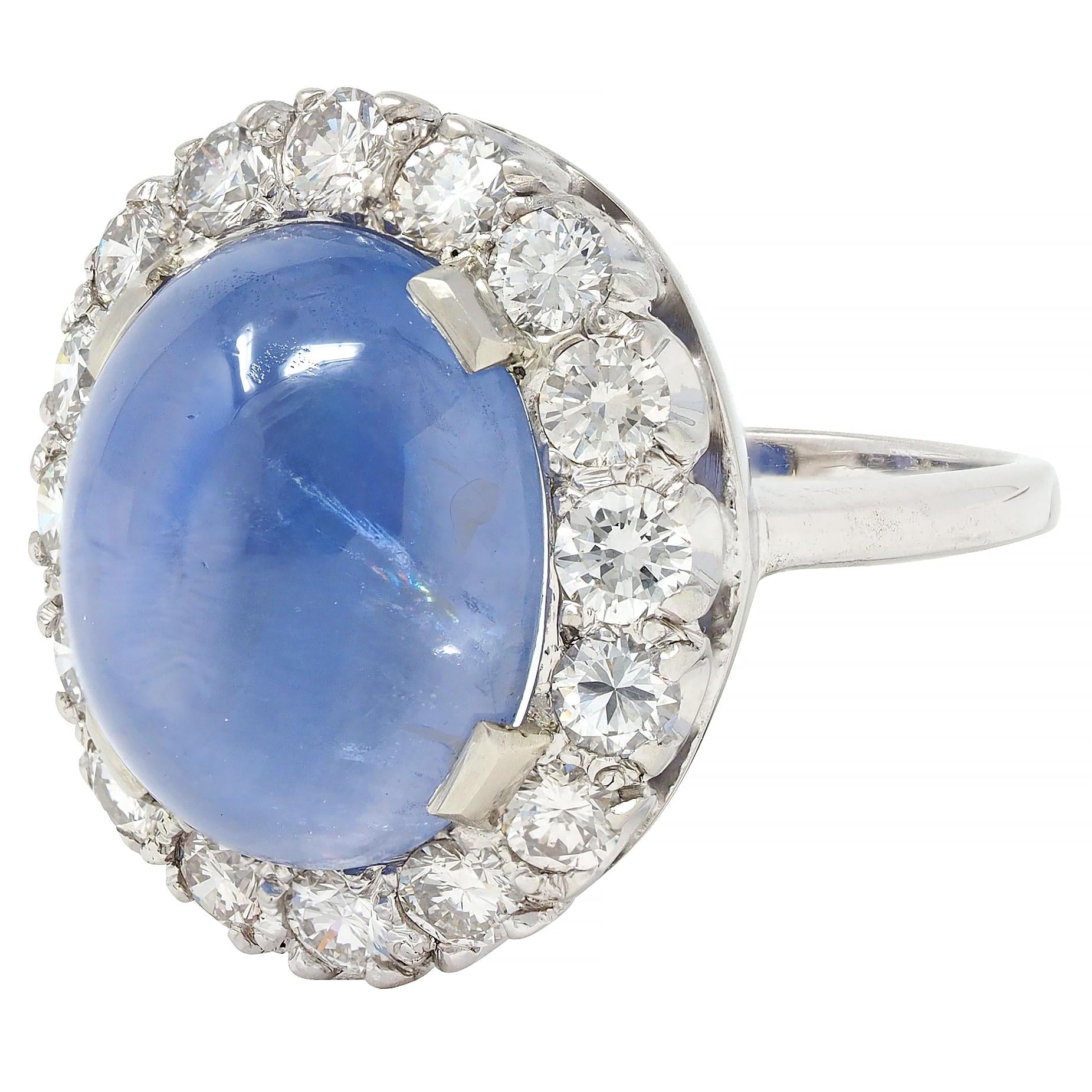 Mid-Century 16.75 CTW Star Sapphire Cabochon Diamond 14K Gold Vintage Halo Ring